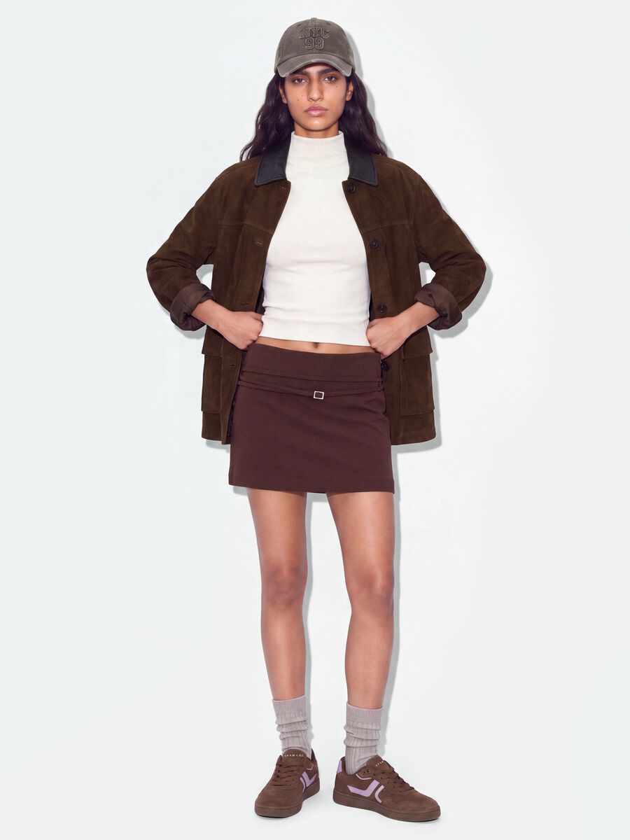 Mini gonna marrone in viscosa elasticizzata con cintura_0
