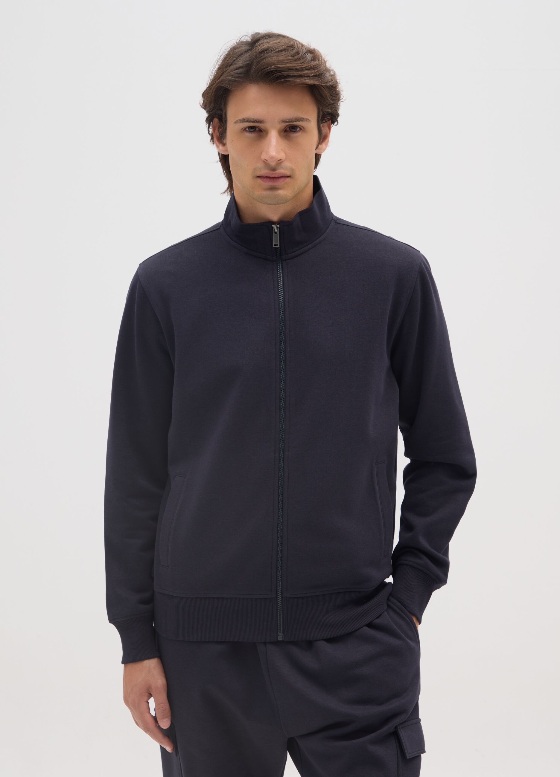 Blue Cotton Blend Zip-Up Sweatshirt