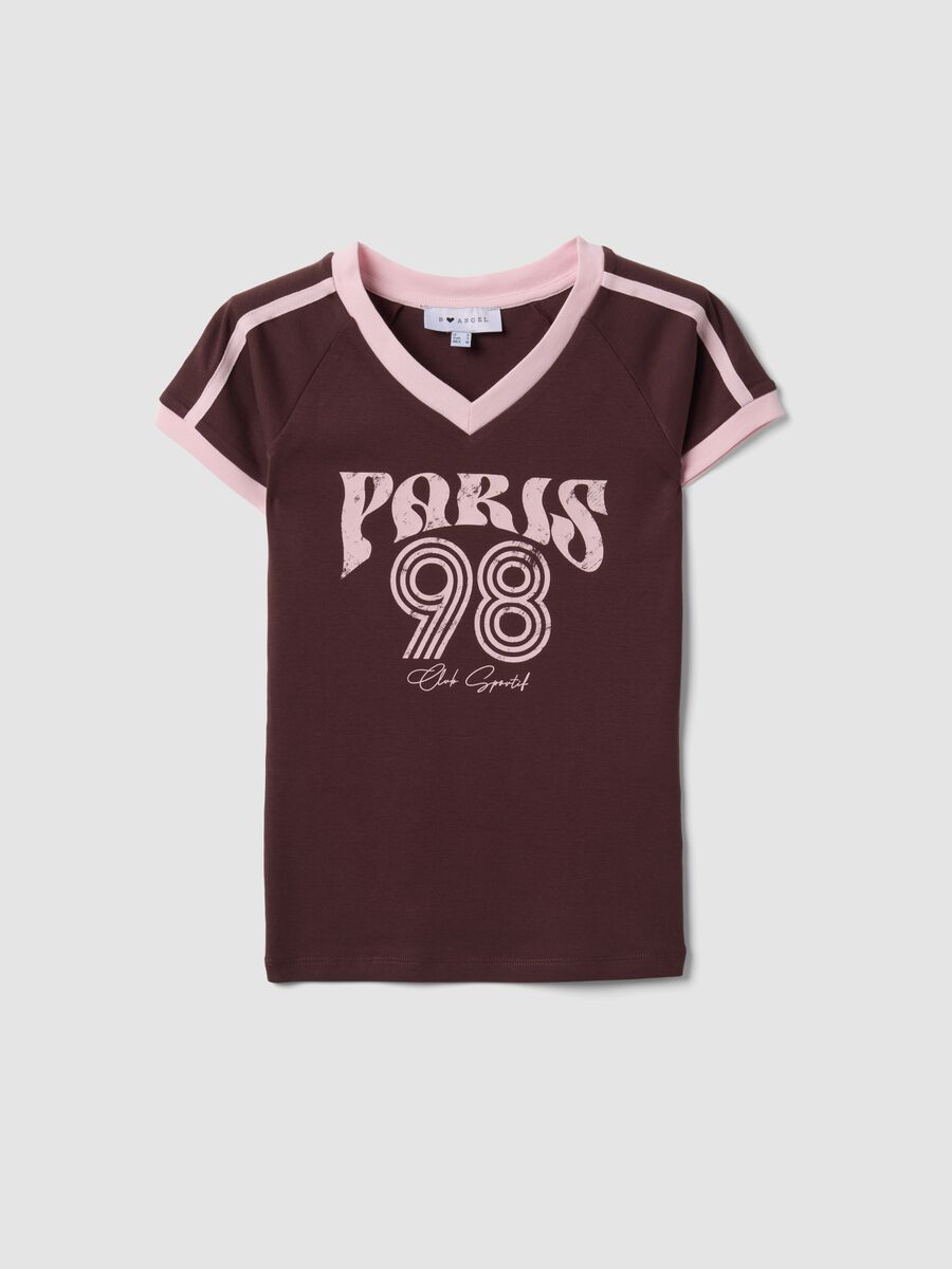 Brown pure cotton V-neck T-shirt with front print_4