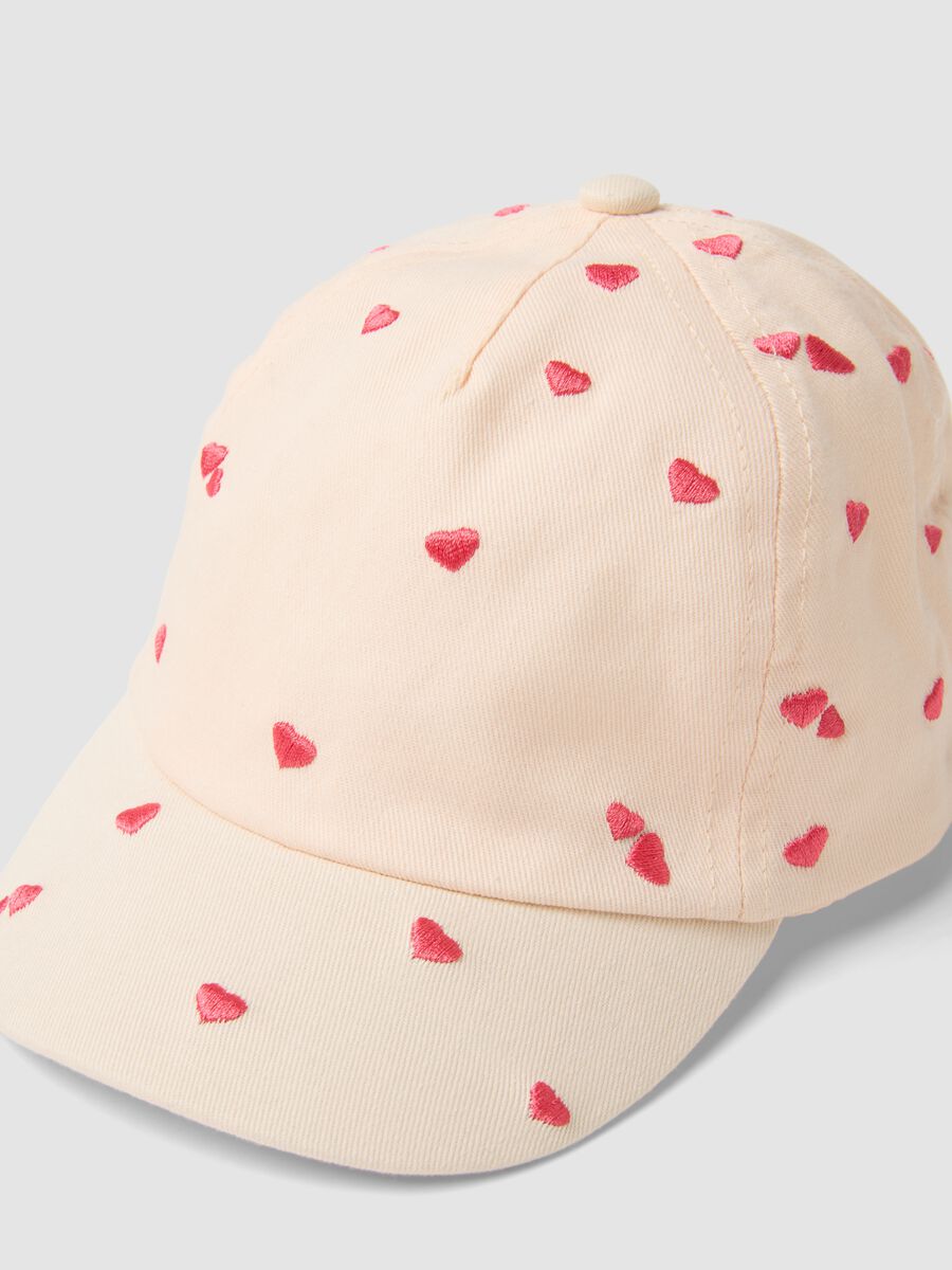 Girls' beige pure cotton hat with pink hearts_2