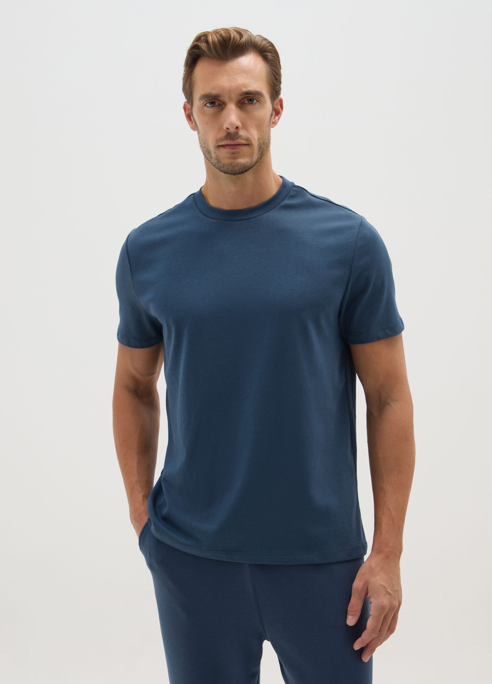 Blue Cotton Blend Regular Fit T-Shirt