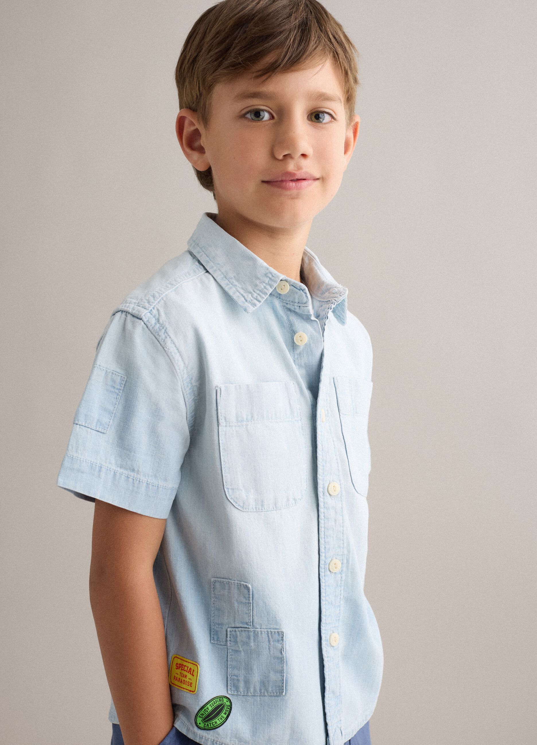 Light blue pure cotton short-sleeve shirt