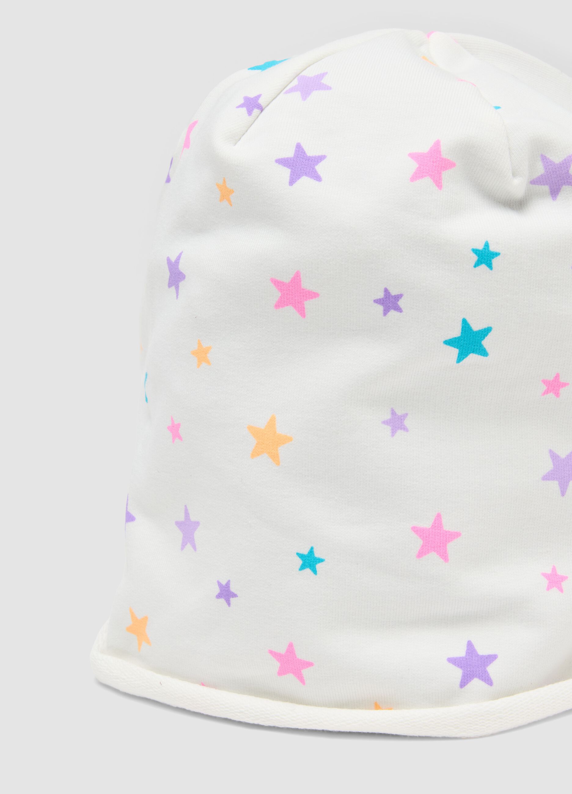 White stretch cotton hat with star print for girls