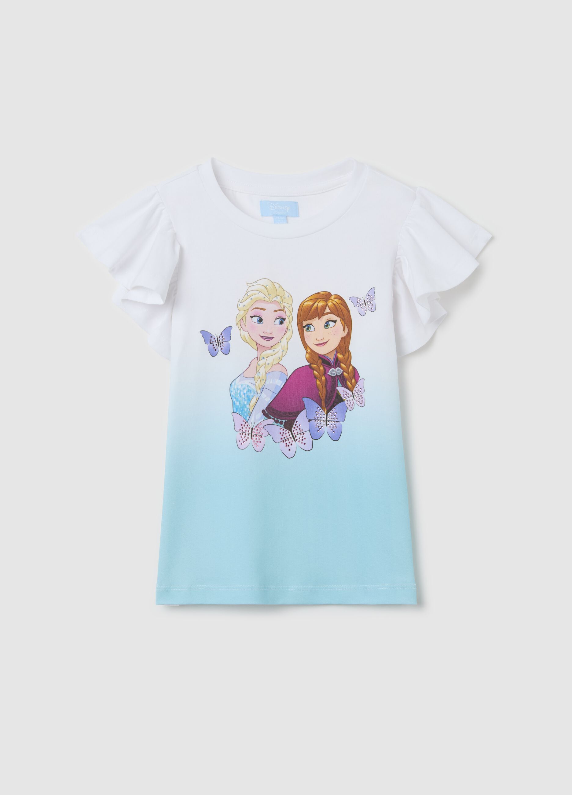 White and light blue T-shirt with Elsa and Anna print