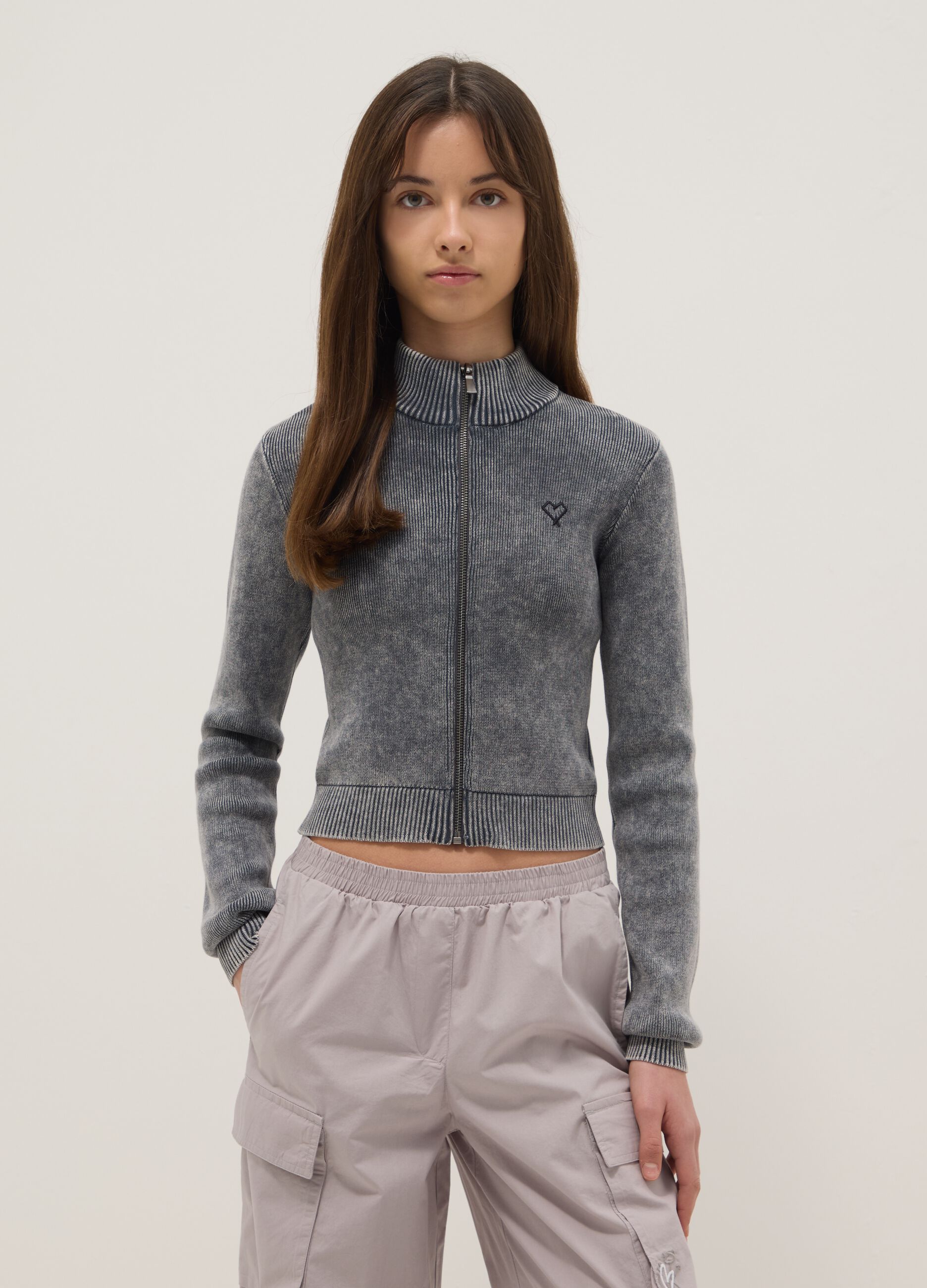 Cardigan in puro cotone grigio da ragazza slim fit con full zip