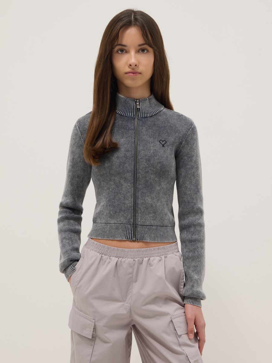 Girls' slim fit grey pure cotton cardigan with full zip_0