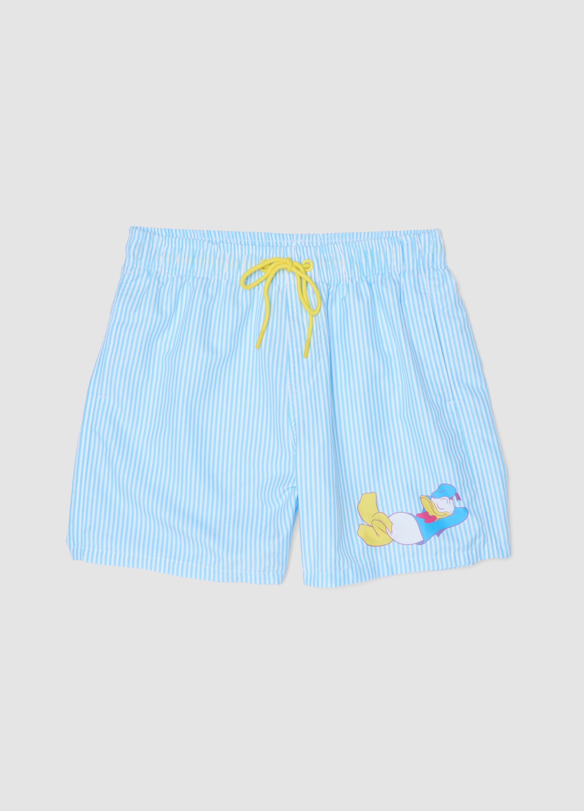 Blue and white striped swim boxers with Donald Duck print