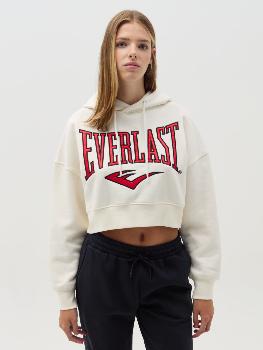 Crop sweatshirt with hood and logo embroidery_0