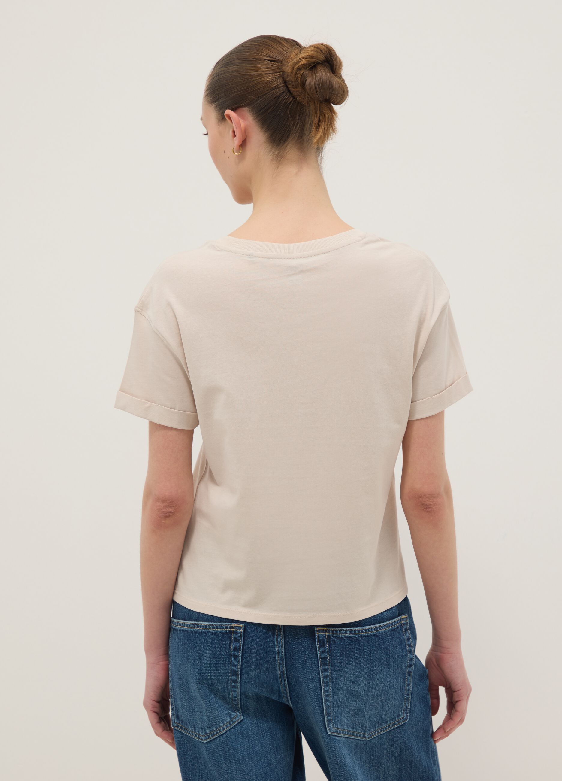 Beige pure cotton relaxed-fit V-neck T-shirt