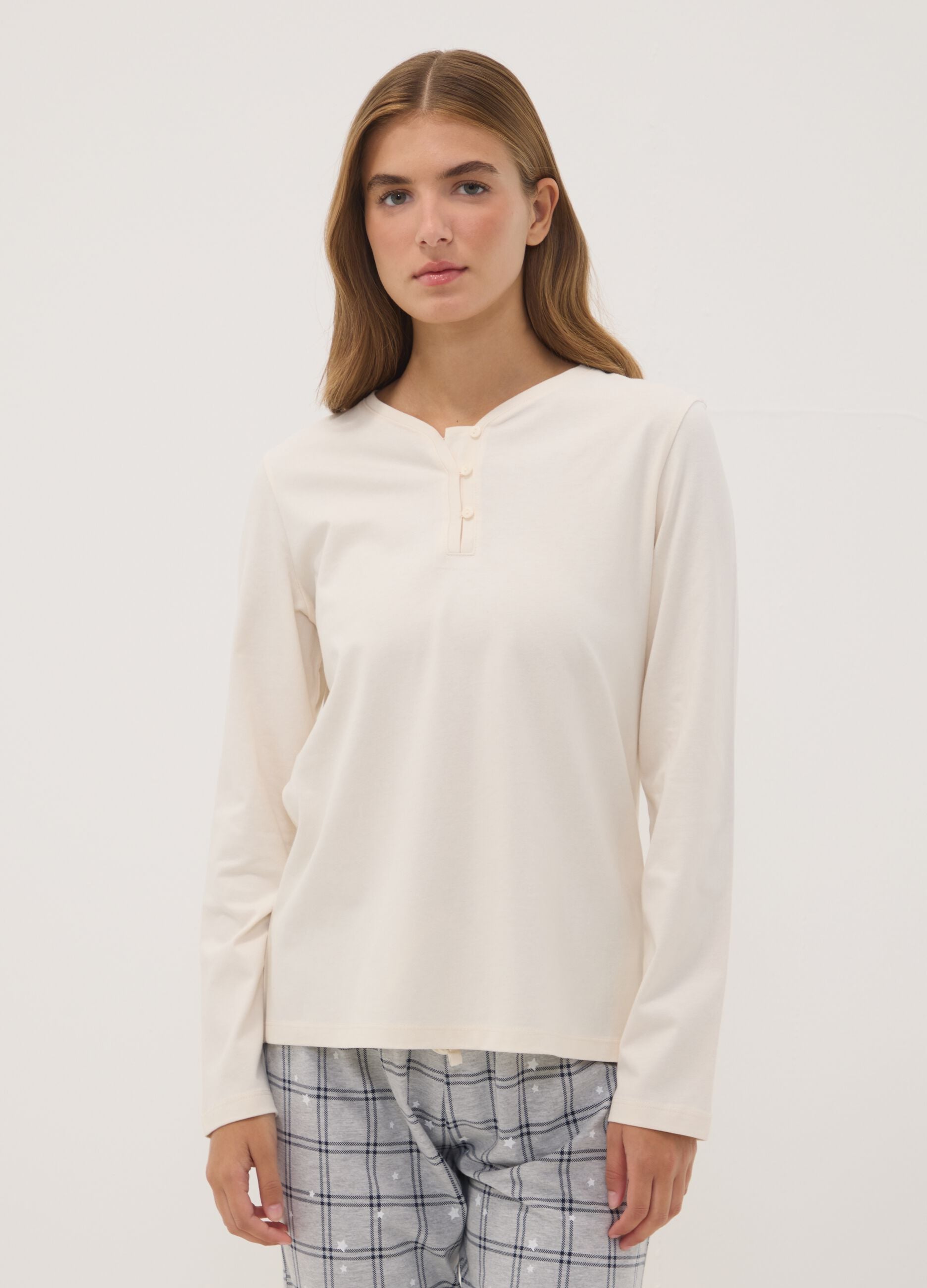 Pigiama beige in puro cotone organico con girocollo