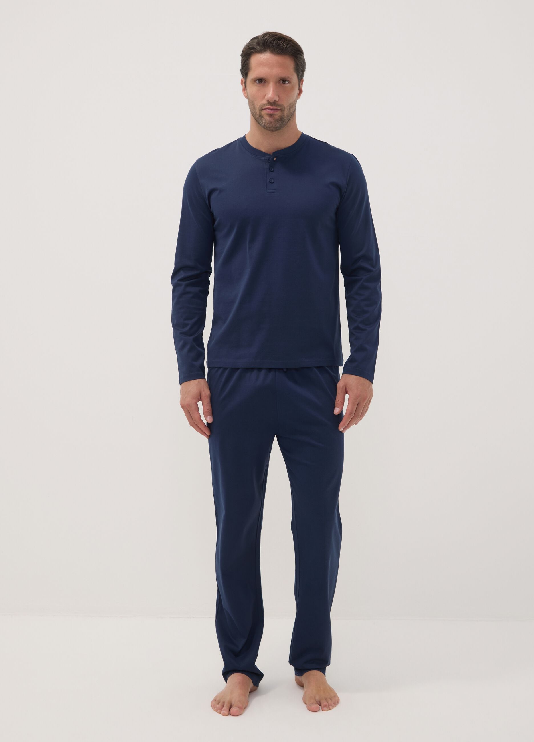 Blue pure organic cotton pyjamas with Henley neckline, regular fit