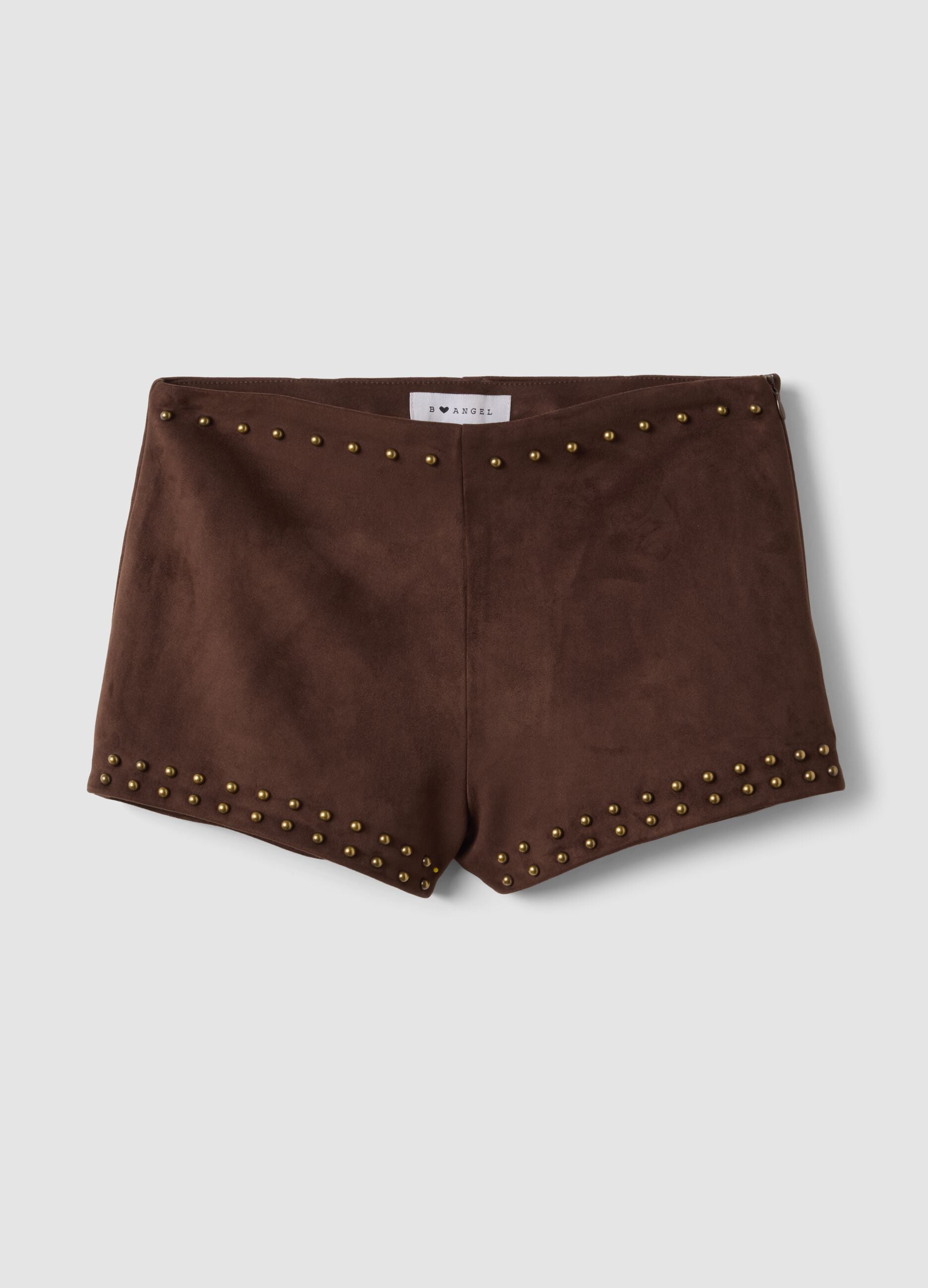 Brown stretch mini shorts with studs