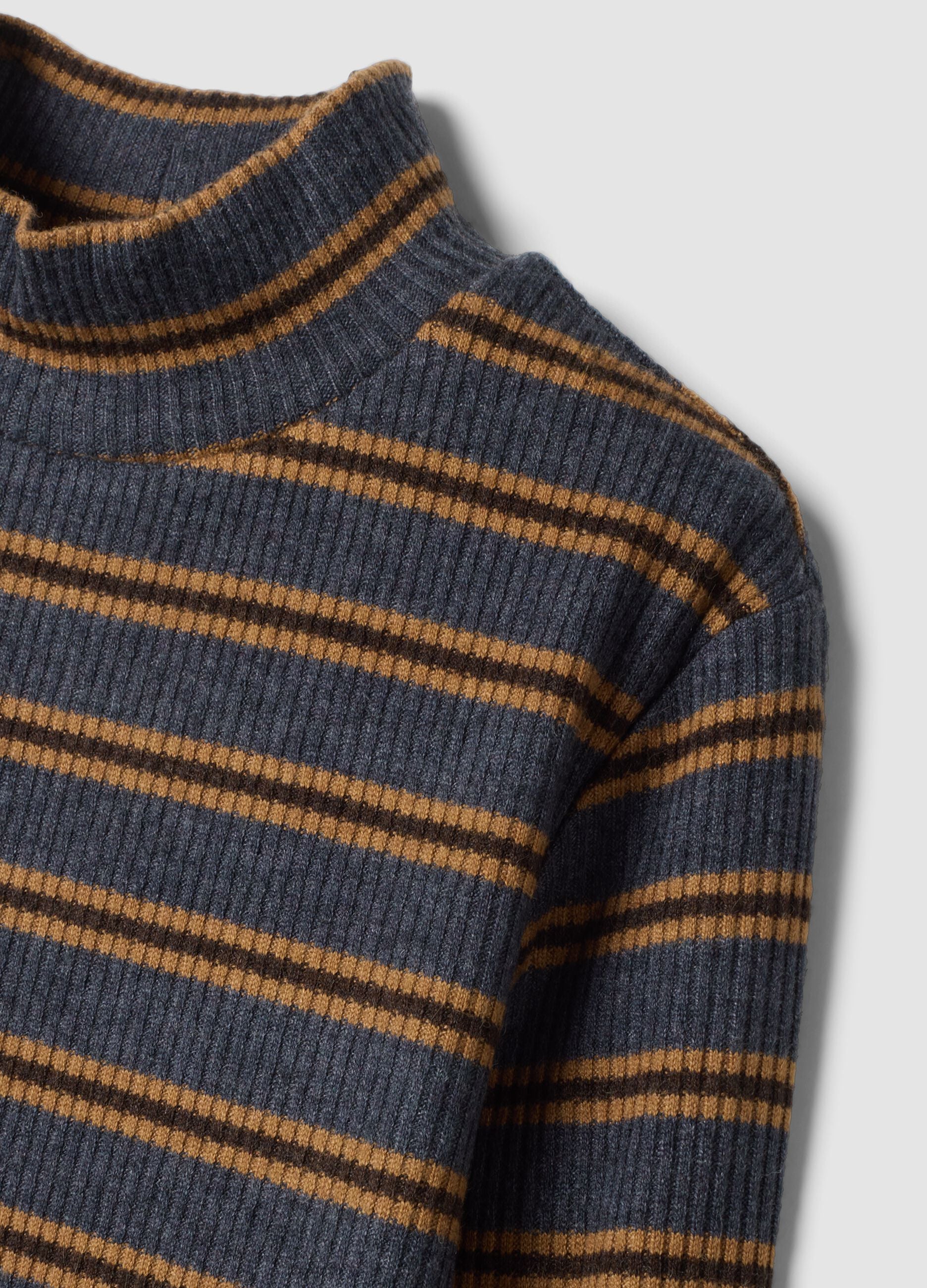 Blue striped stretch-fabric T-shirt with funnel neck