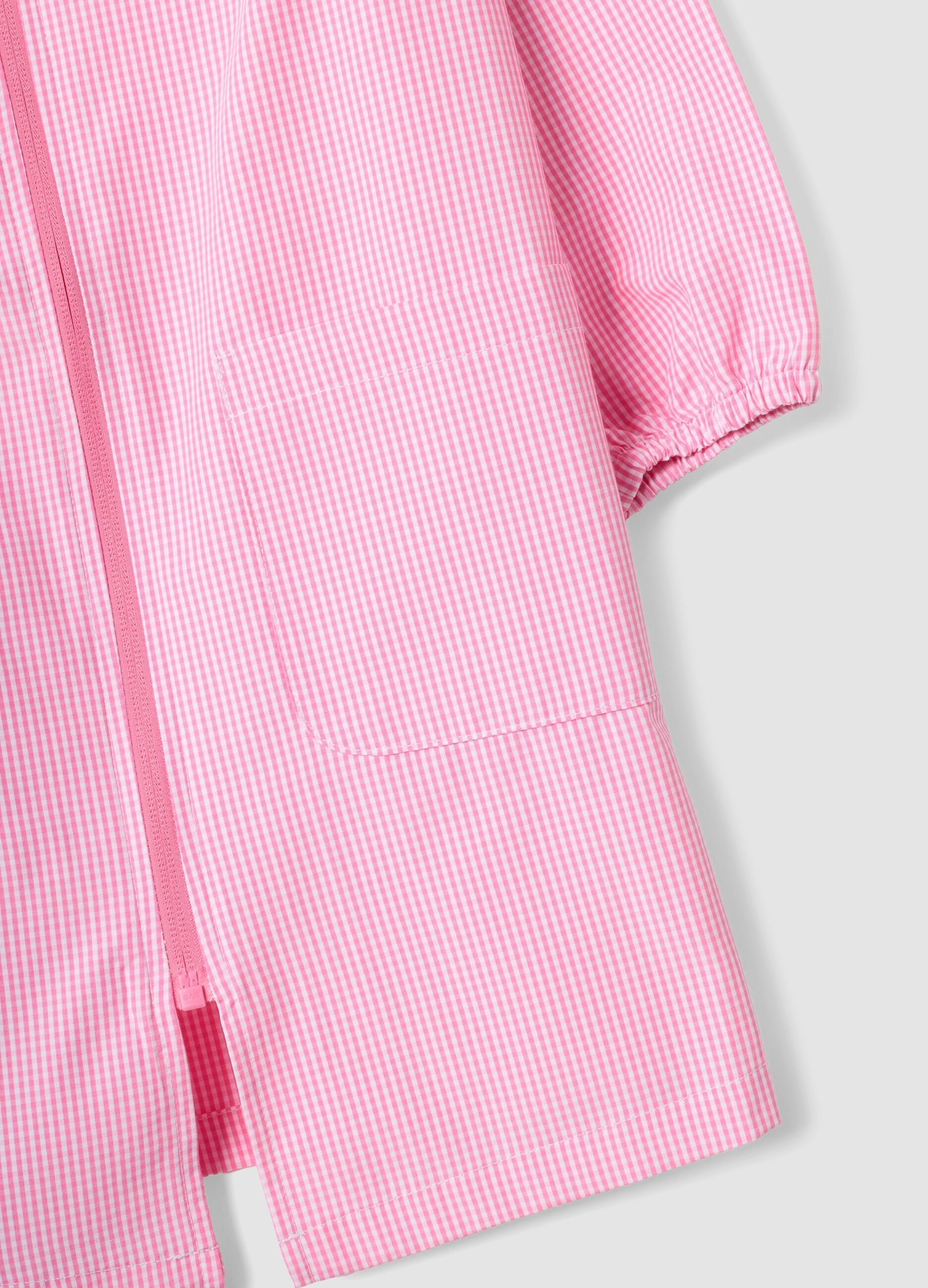 Pink gingham nursery smock with zip and cute animal embroidery