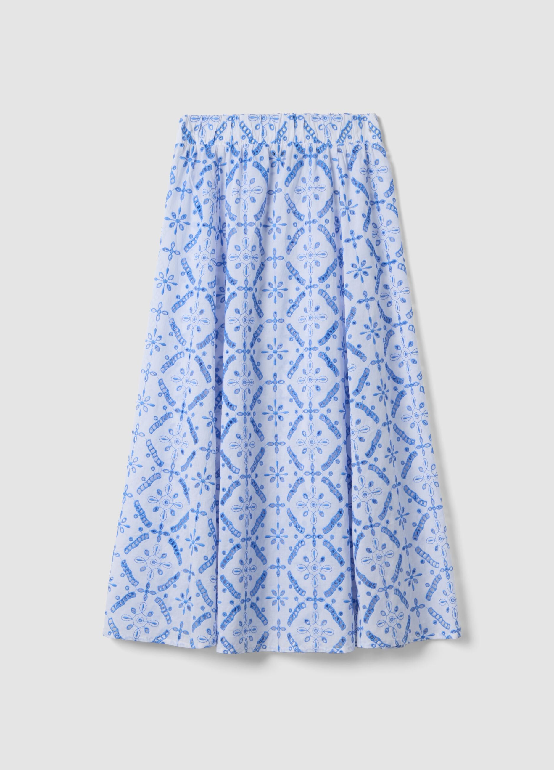 Blue organic cotton skirt with broderie anglaise embroidery
