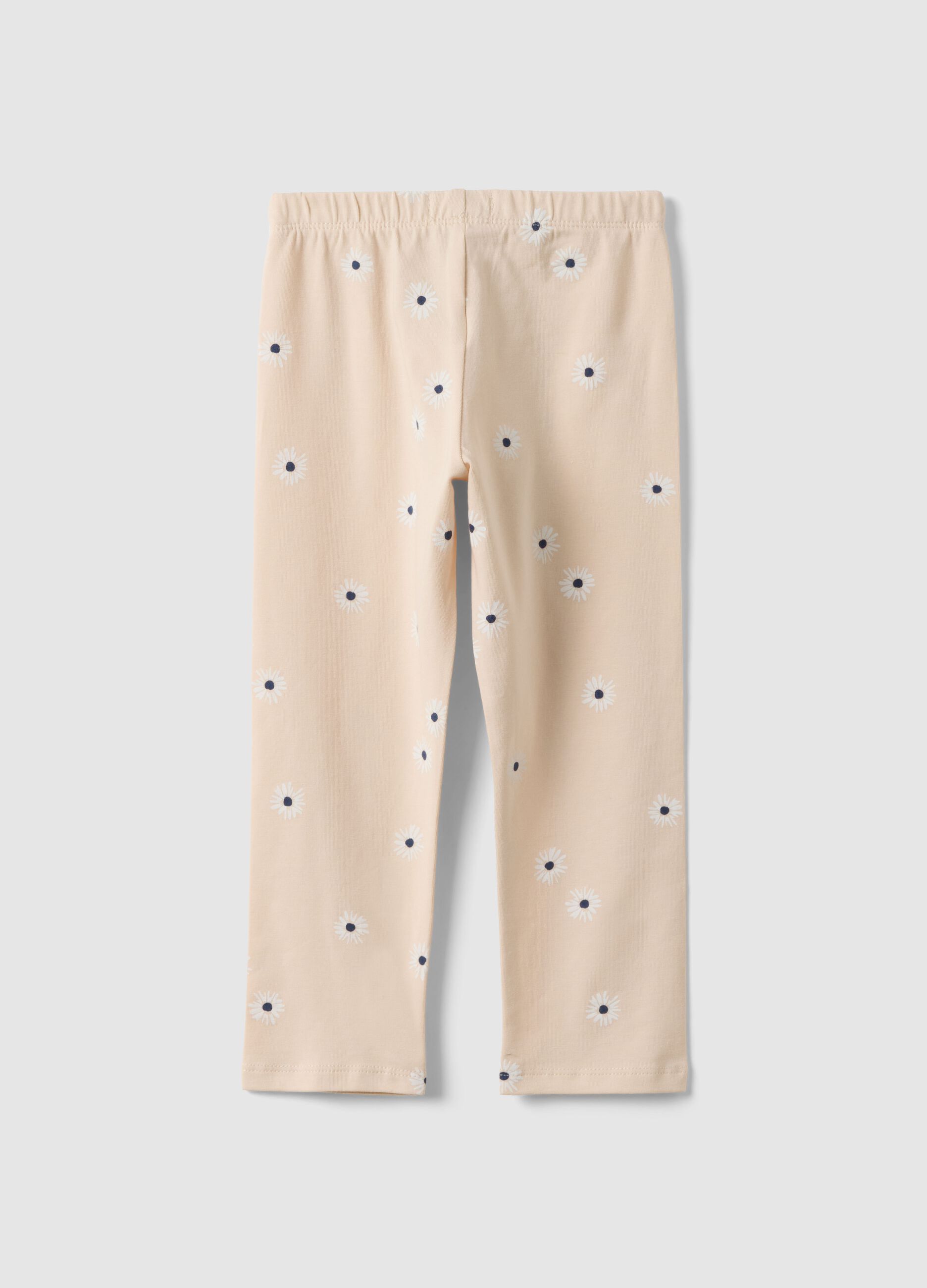 Leggings skinny in cotone elasticizzato beige da bambina con fiori