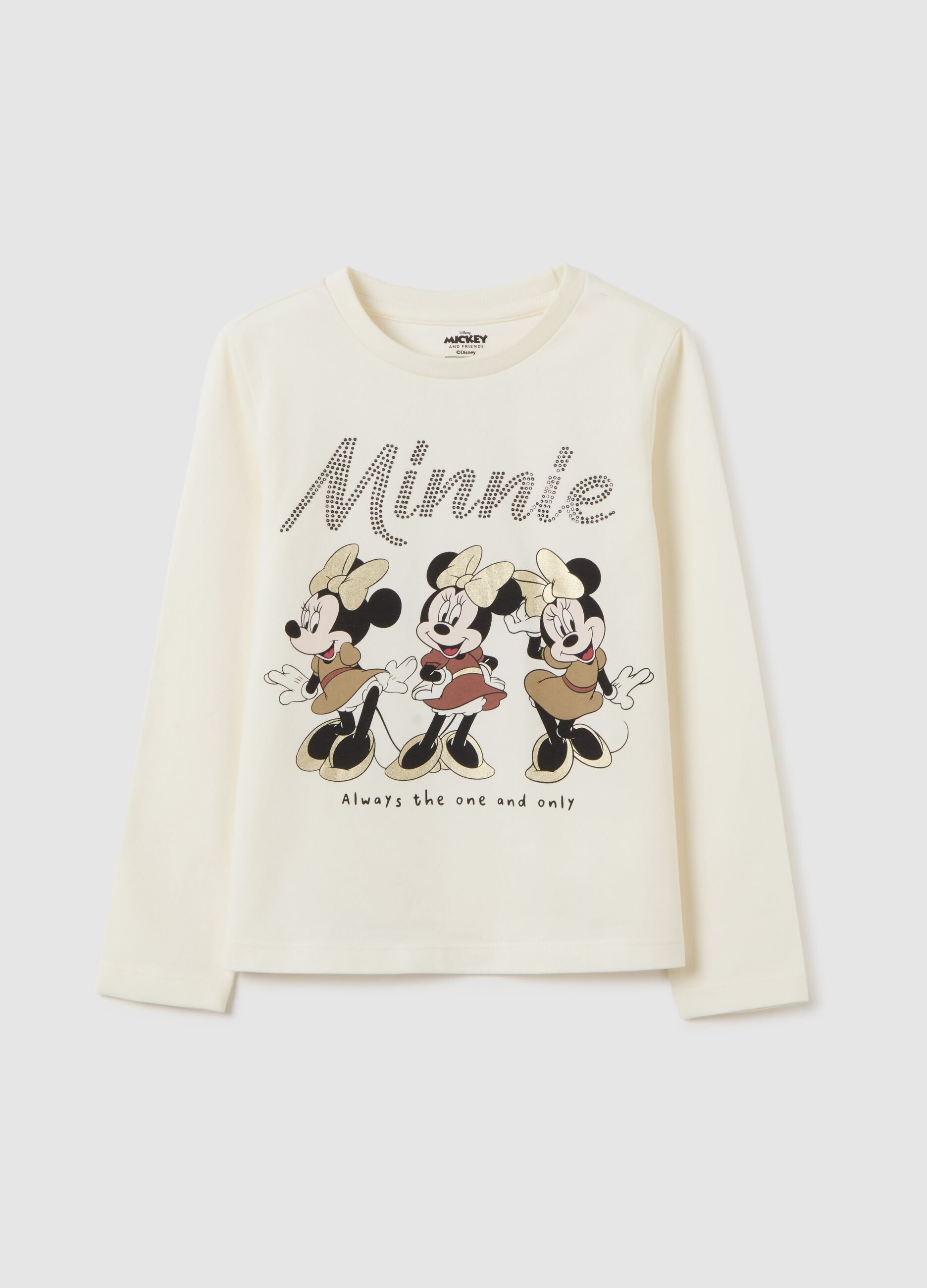 Girls' beige cotton-blend regular fit t-shirt with Minnie