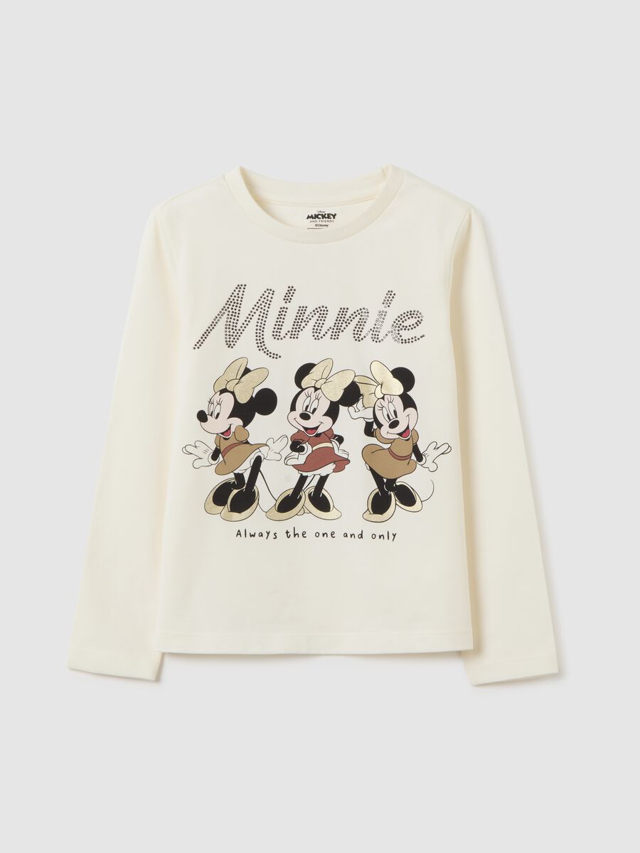 Girls' beige cotton-blend regular fit t-shirt with Minnie_0