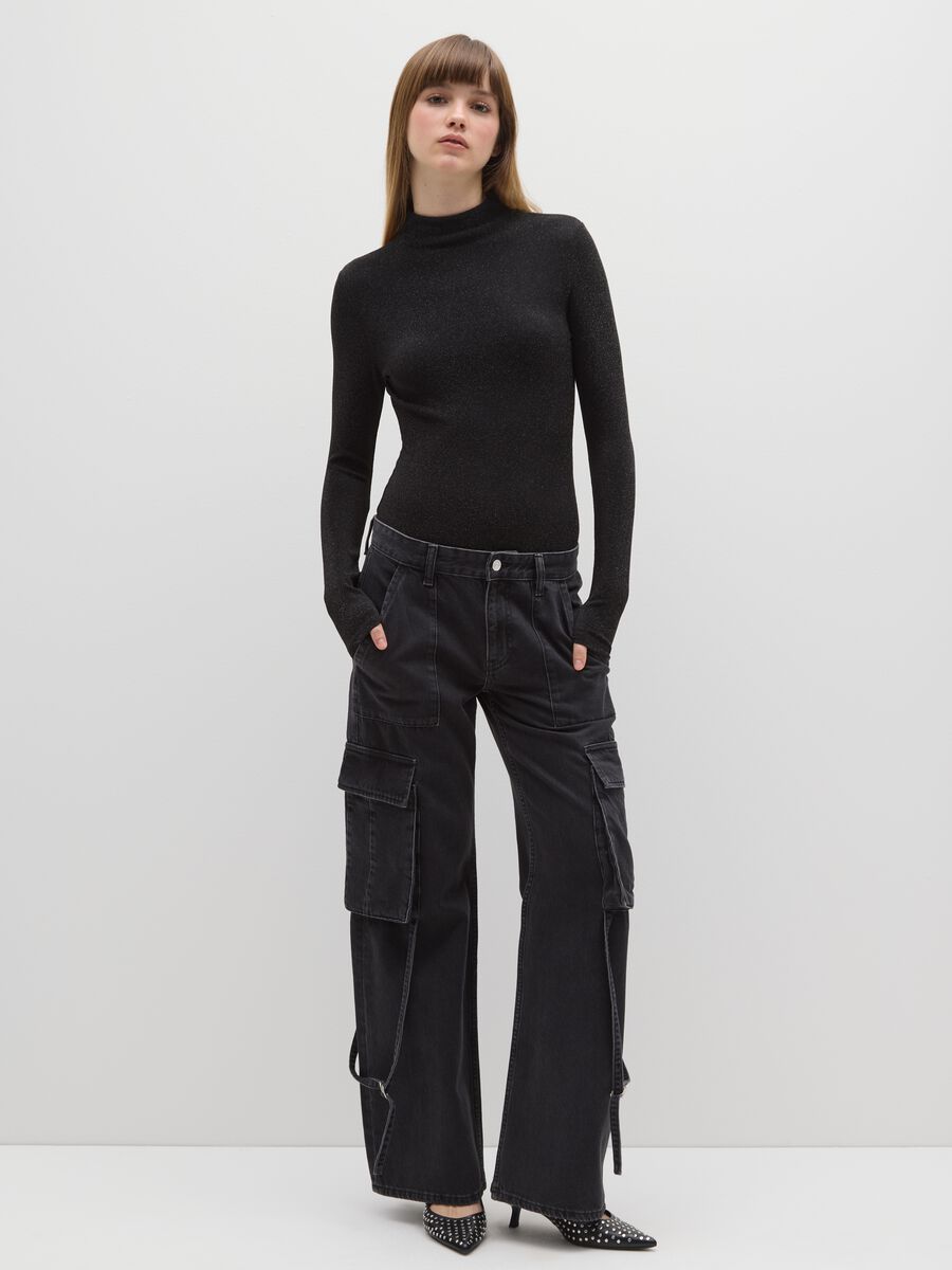 Body a collo alto nero in lurex regular fit con schiena scoperta_1