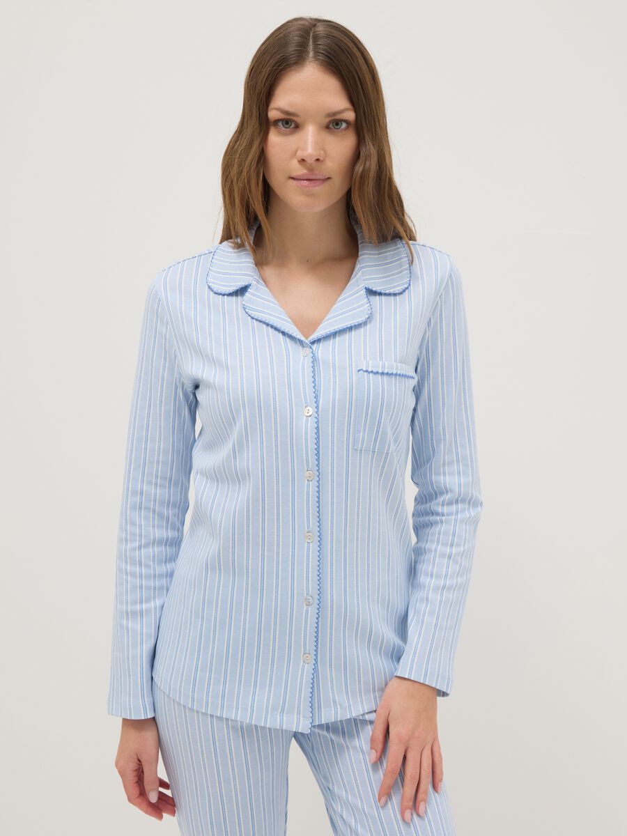 Regular fit multicolour striped pyjamas in pure cotton with V-neck_1