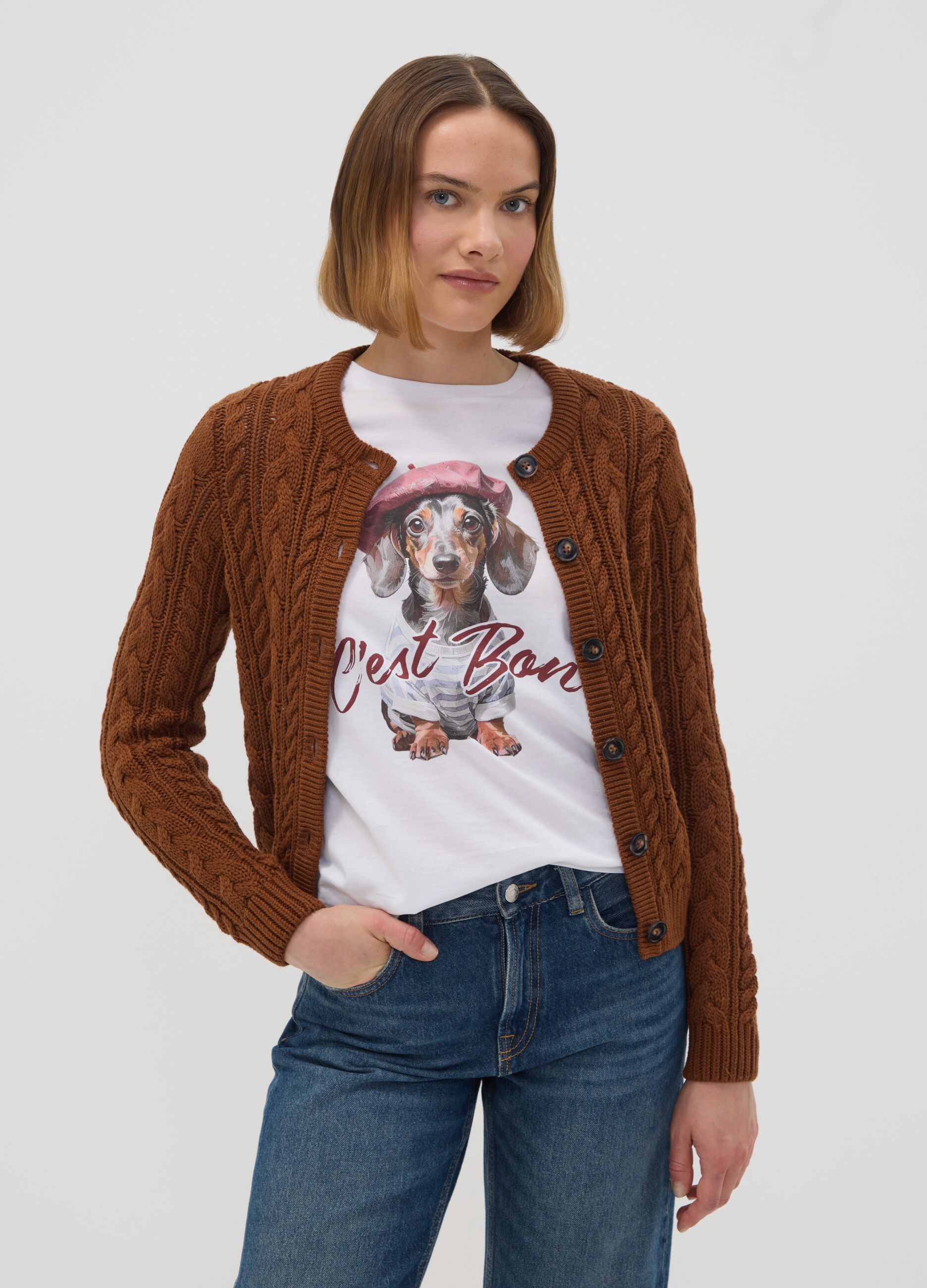 Brown cable-knit cotton-blend cardigan, regular fit