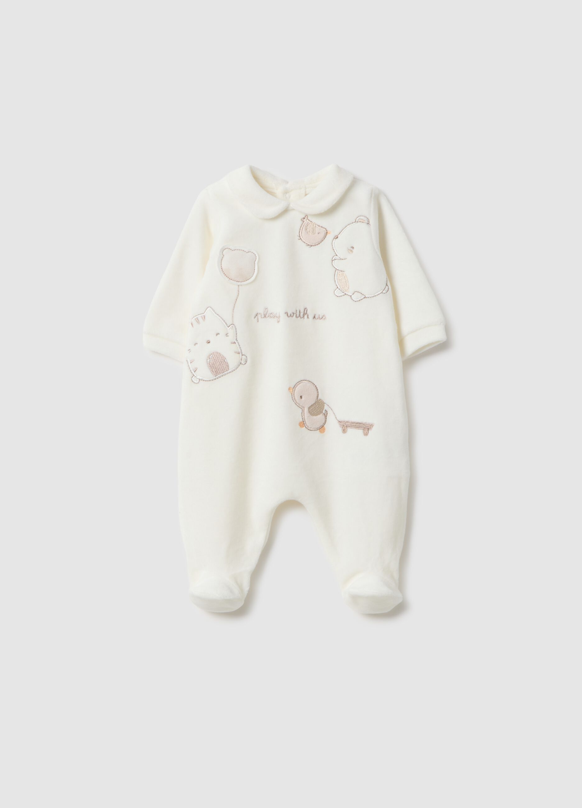 White newborn playsuit in regular fit cotton blend with embroidery