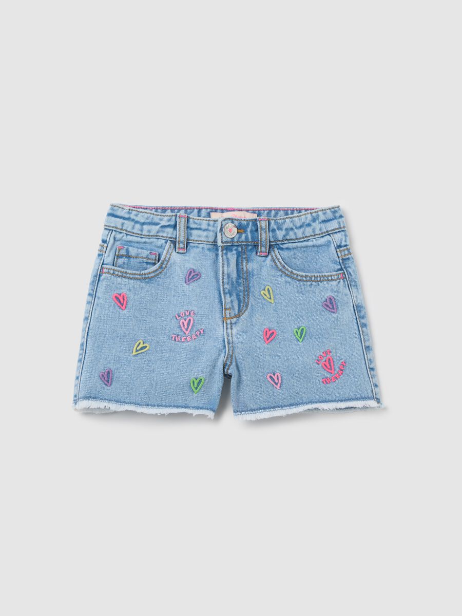 Denim shorts in cotton with embroidered hearts_0