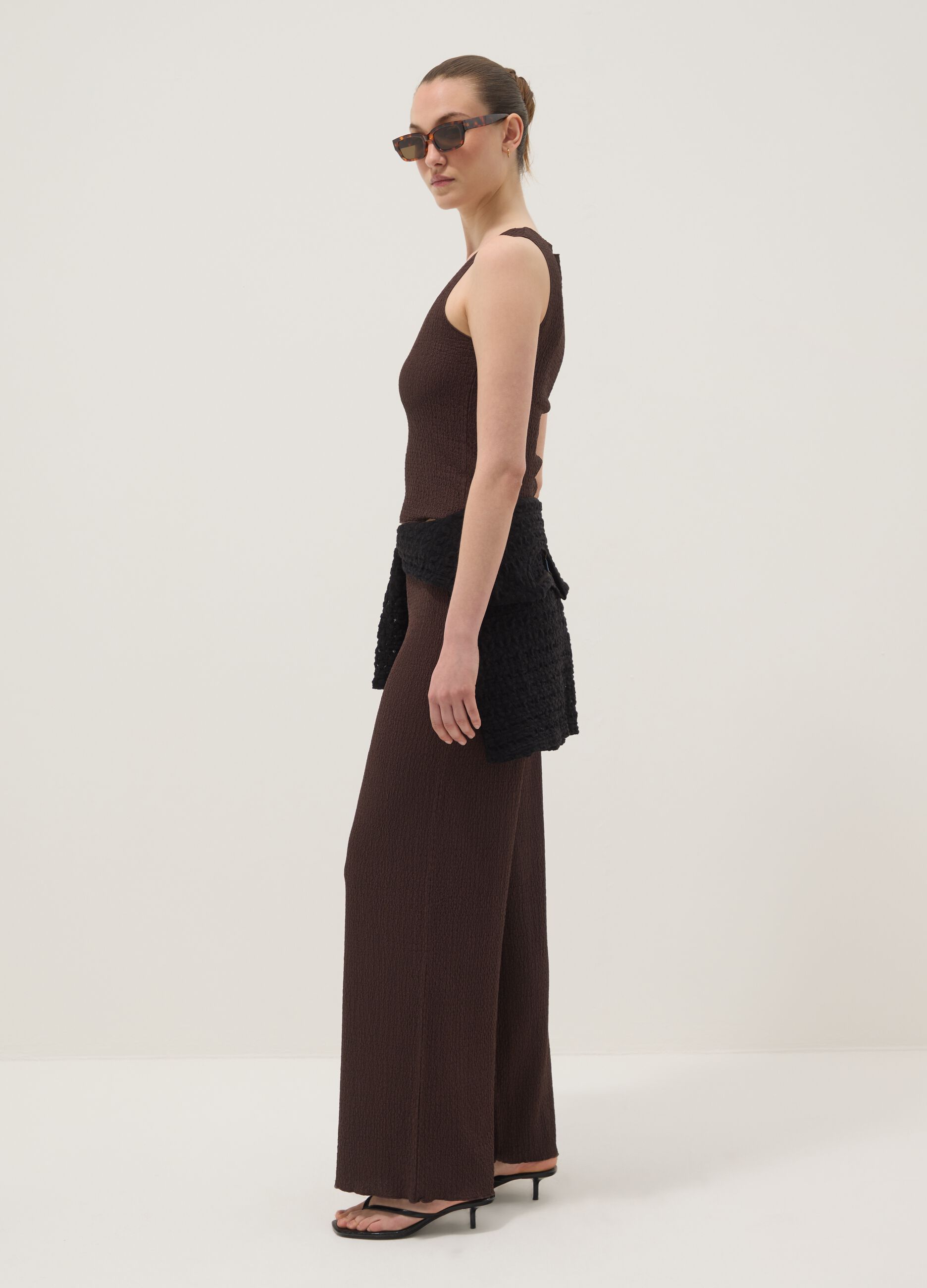 Brown stretch wide-leg trousers with crinkled texture