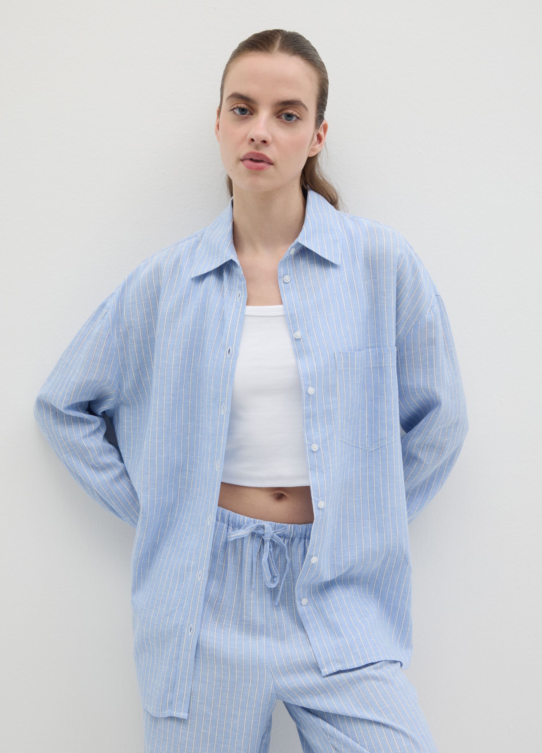 Women's oversized shirt in blue viscose and linen blend regular fit