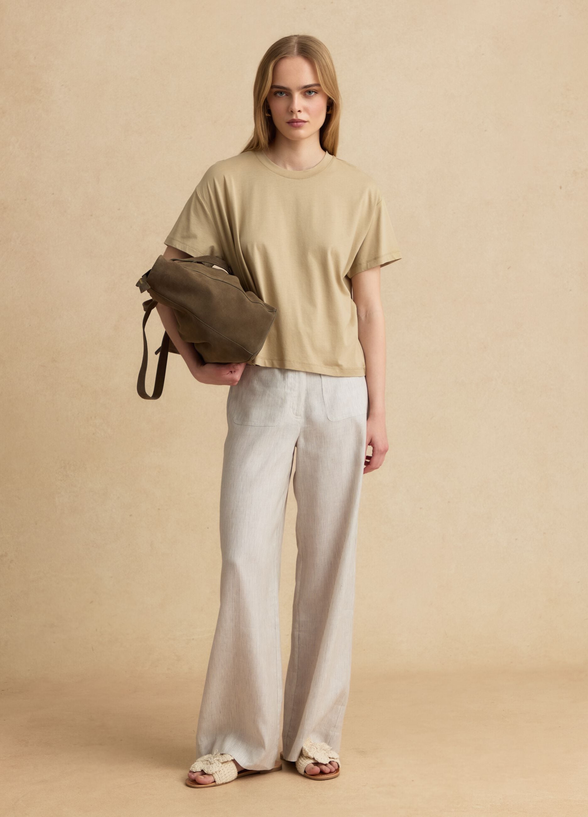 Beige lyocell and cotton-blend T-shirt