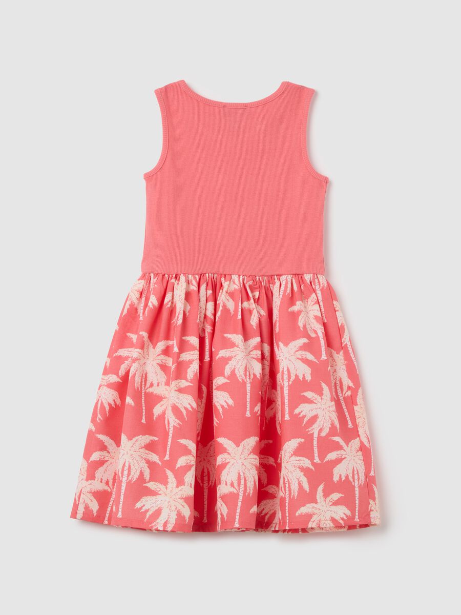 Pink sleeveless dress with palm print in stretch cotton_1