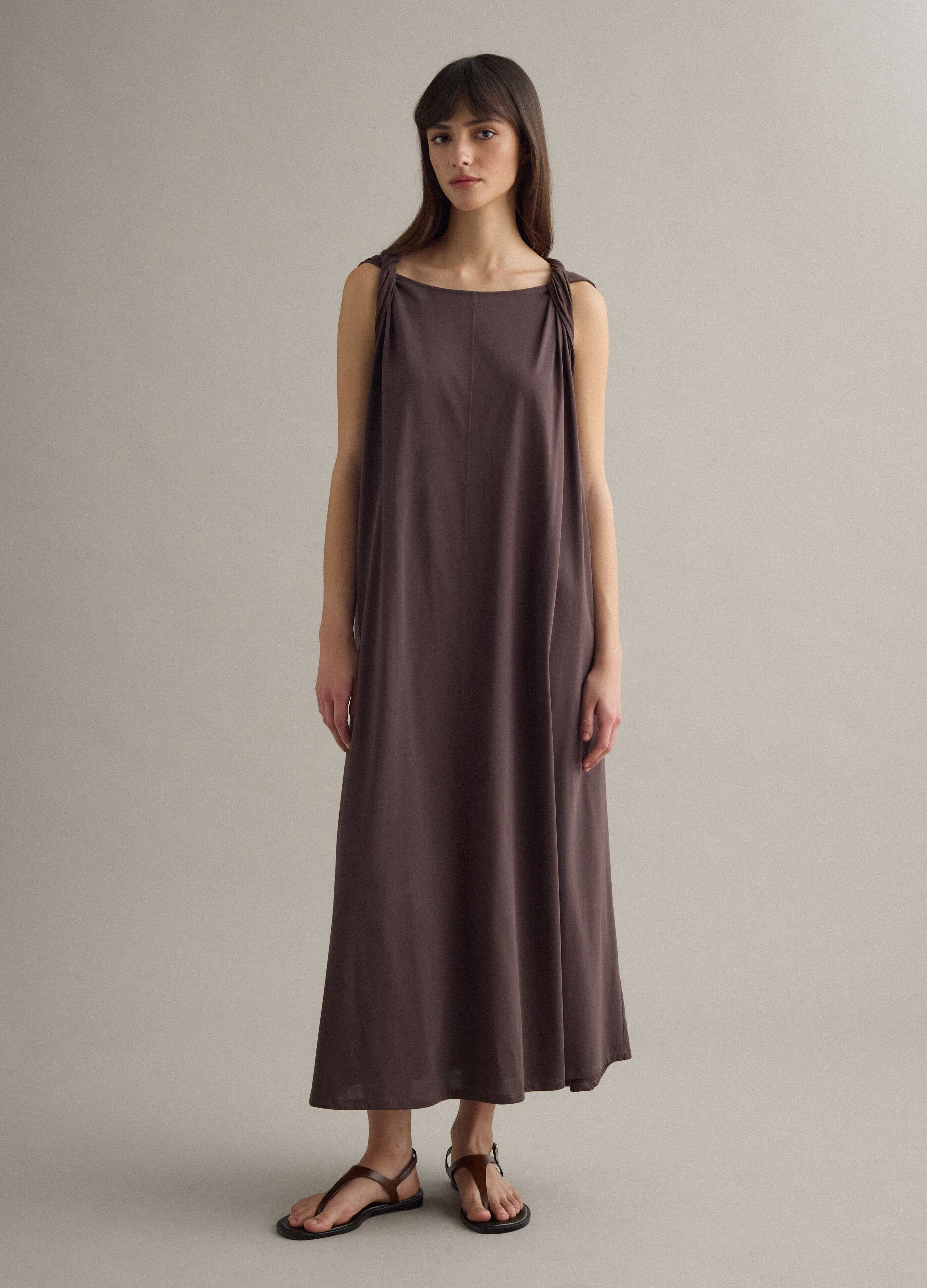 Long brown cotton-blend dress, regular fit