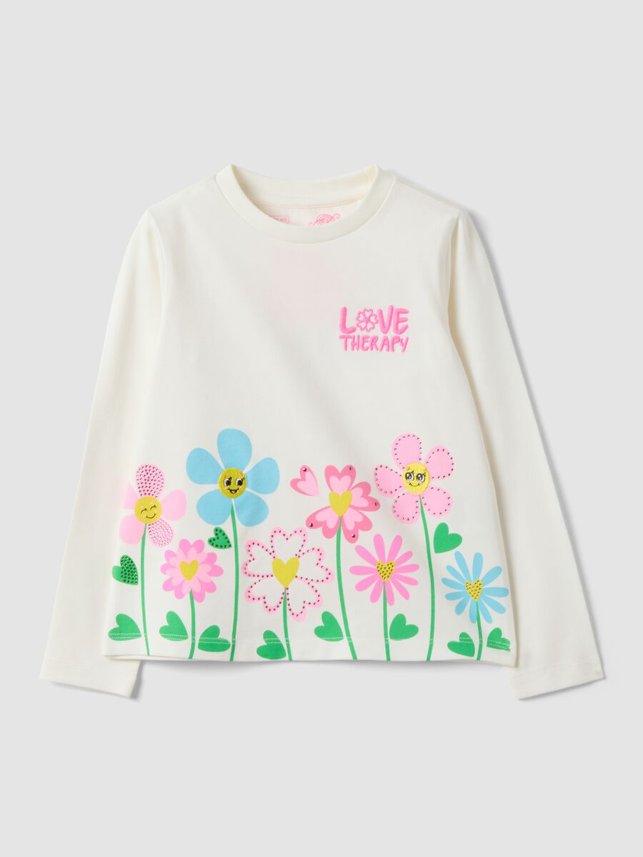 T-shirt bianca in cotone elasticizzato con fiori per bambina_0