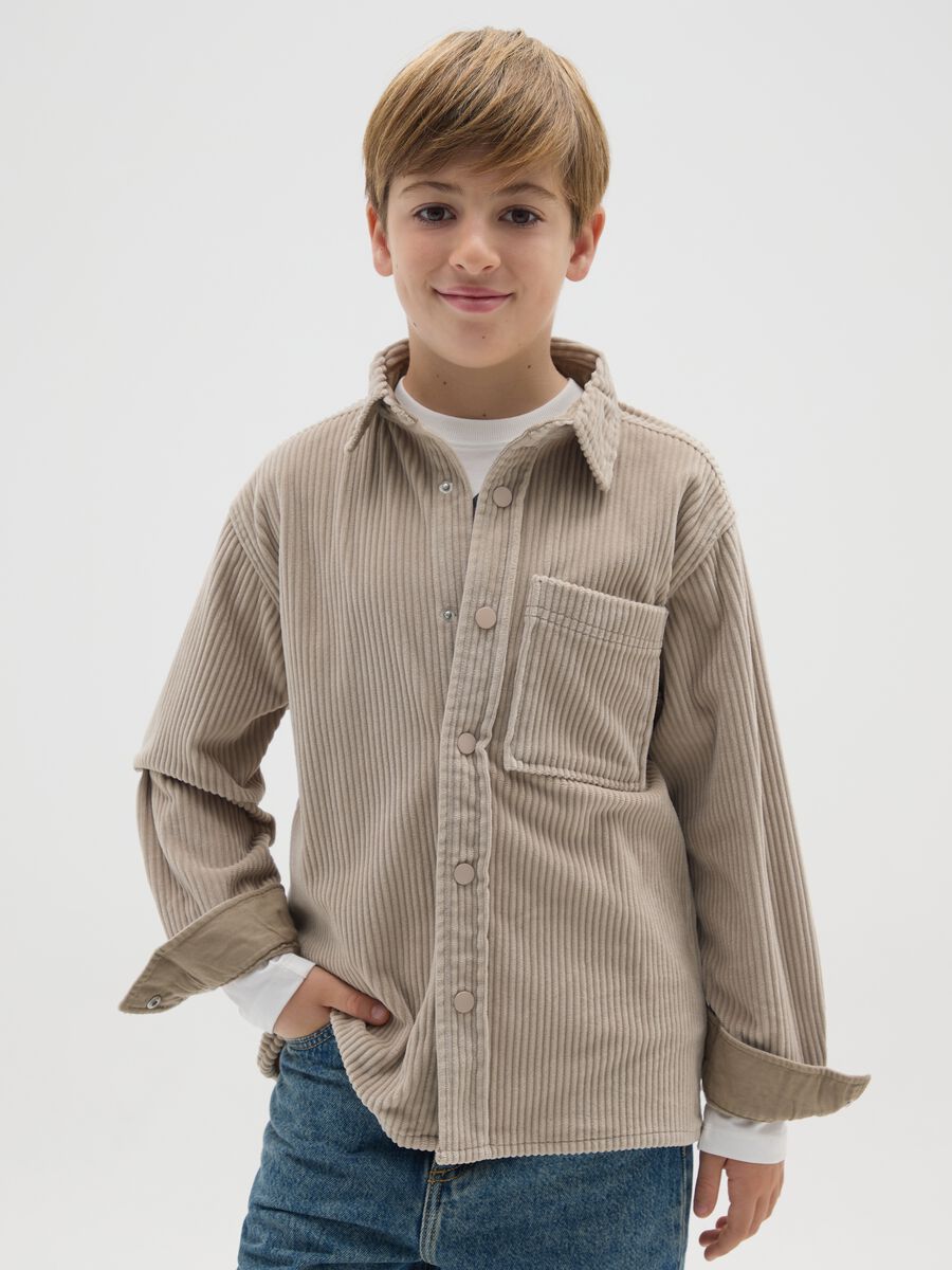 Camicia da ragazzo beige in velluto a coste_0