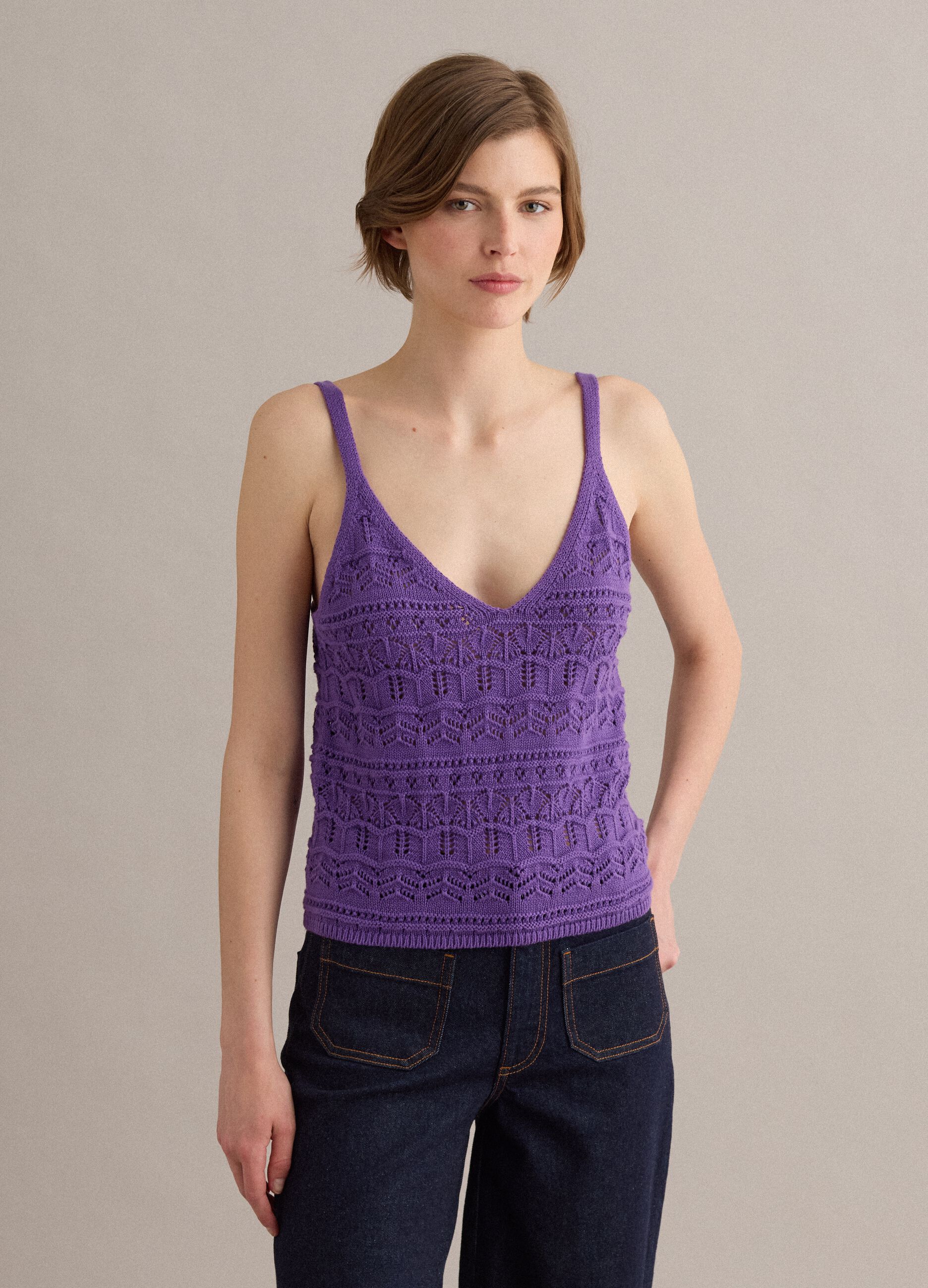 Canotta in puro cotone viola regular fit con lavorazione a maglia