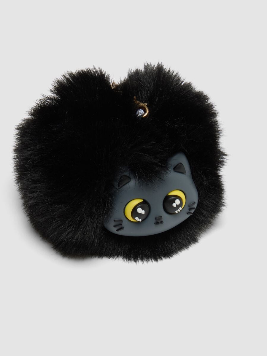 Black keyring with pompom and kitten for girls_1