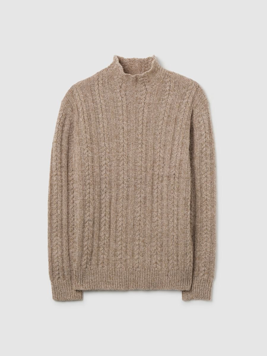 Pullover beige intrecciato con collo alto in misto lana regular fit_0