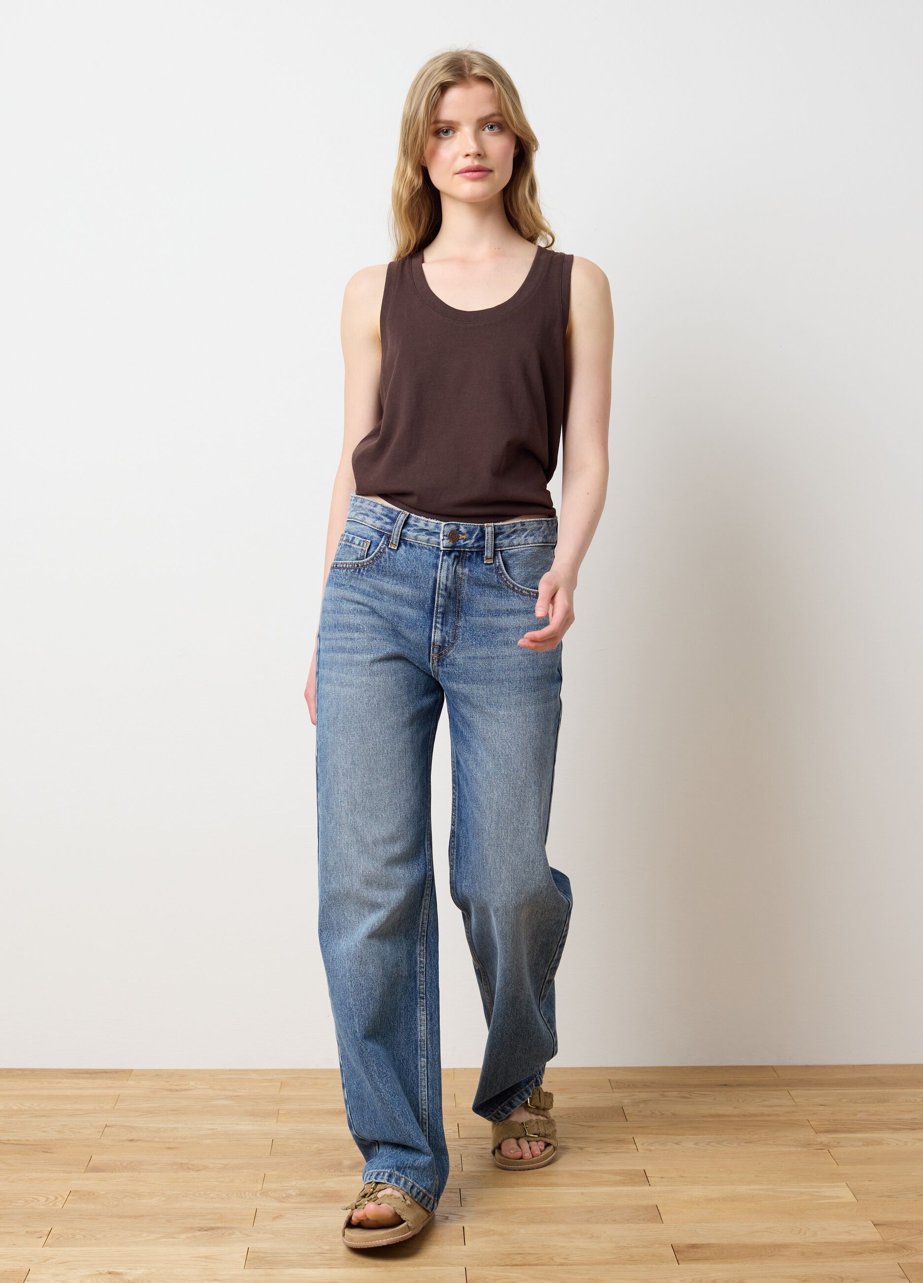 Brown Cotton Blend Tank Top