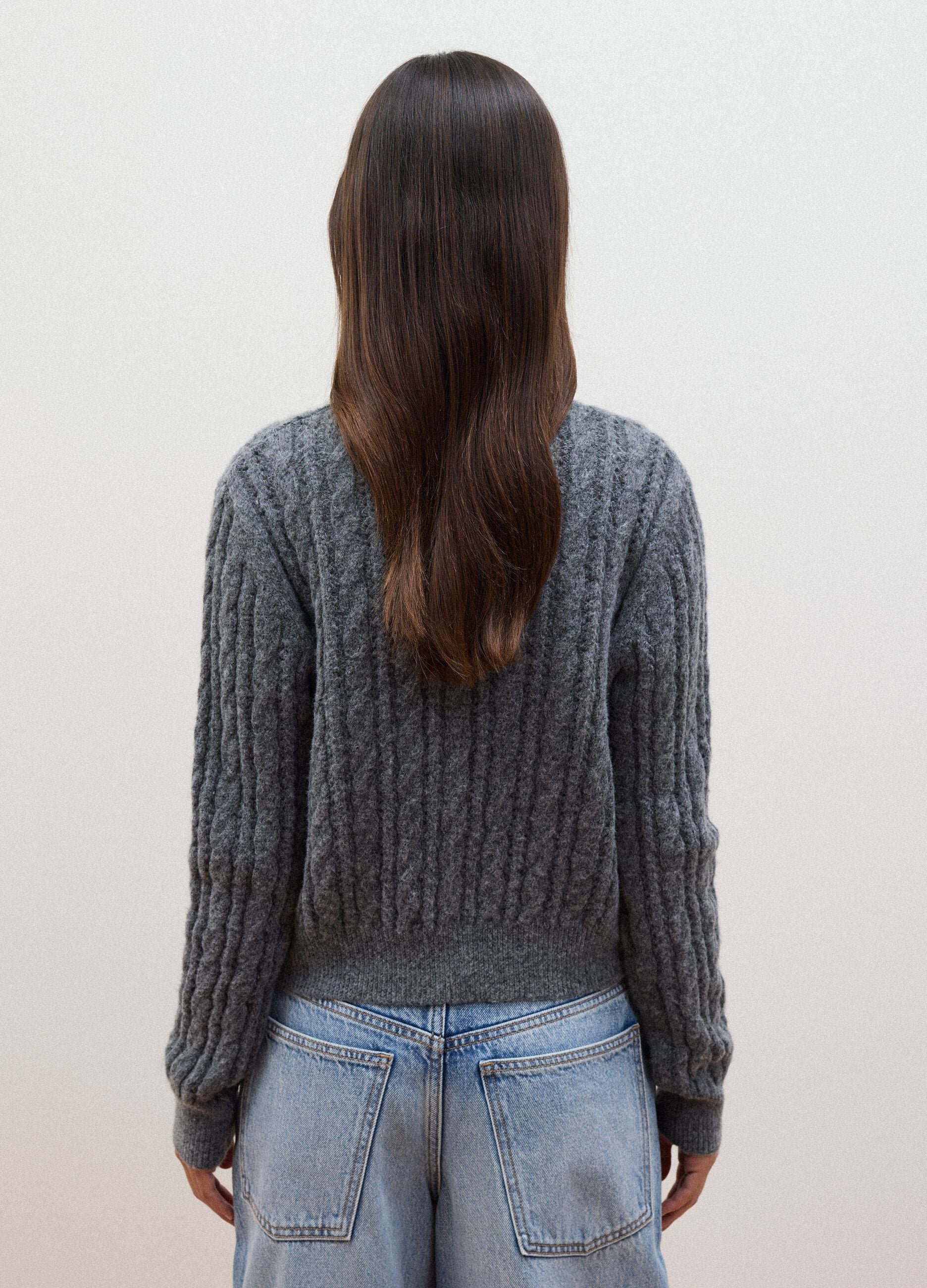 Grey wool-blend cable-knit cardigan