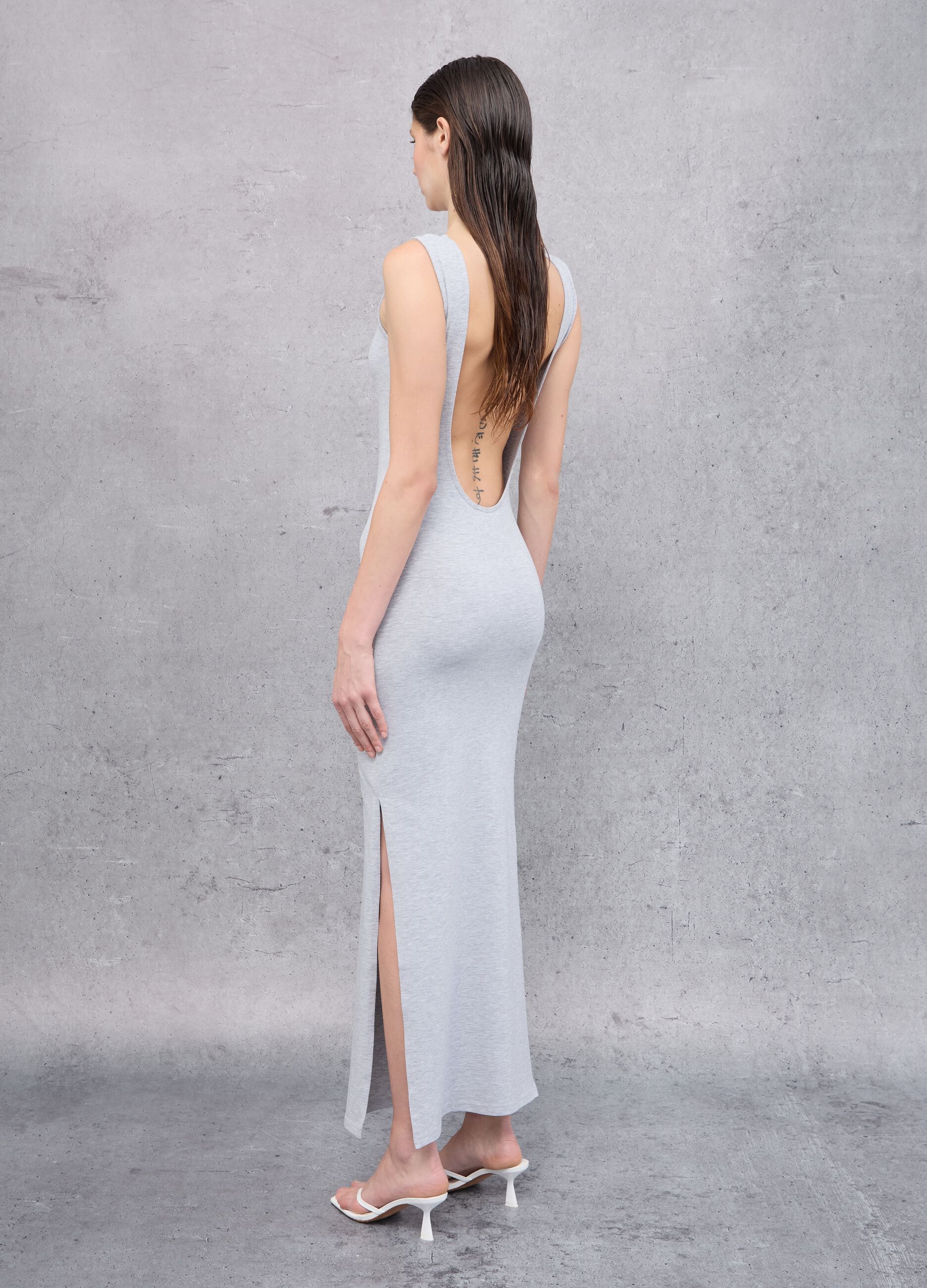 Grey Melange Backless Long Dress 