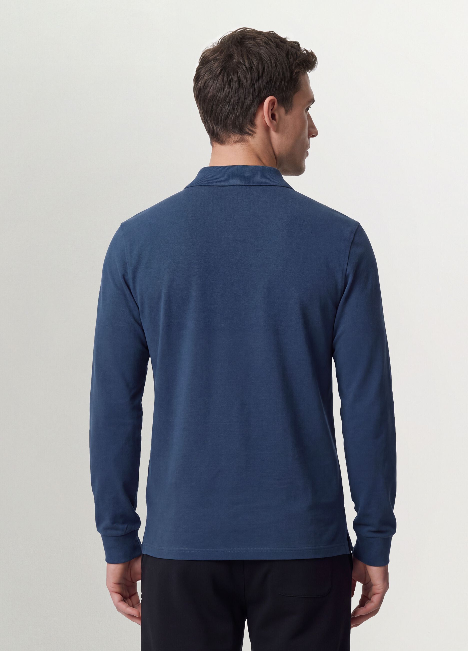 Blue long-sleeve regular-fit polo in organic cotton piqu&eacute;