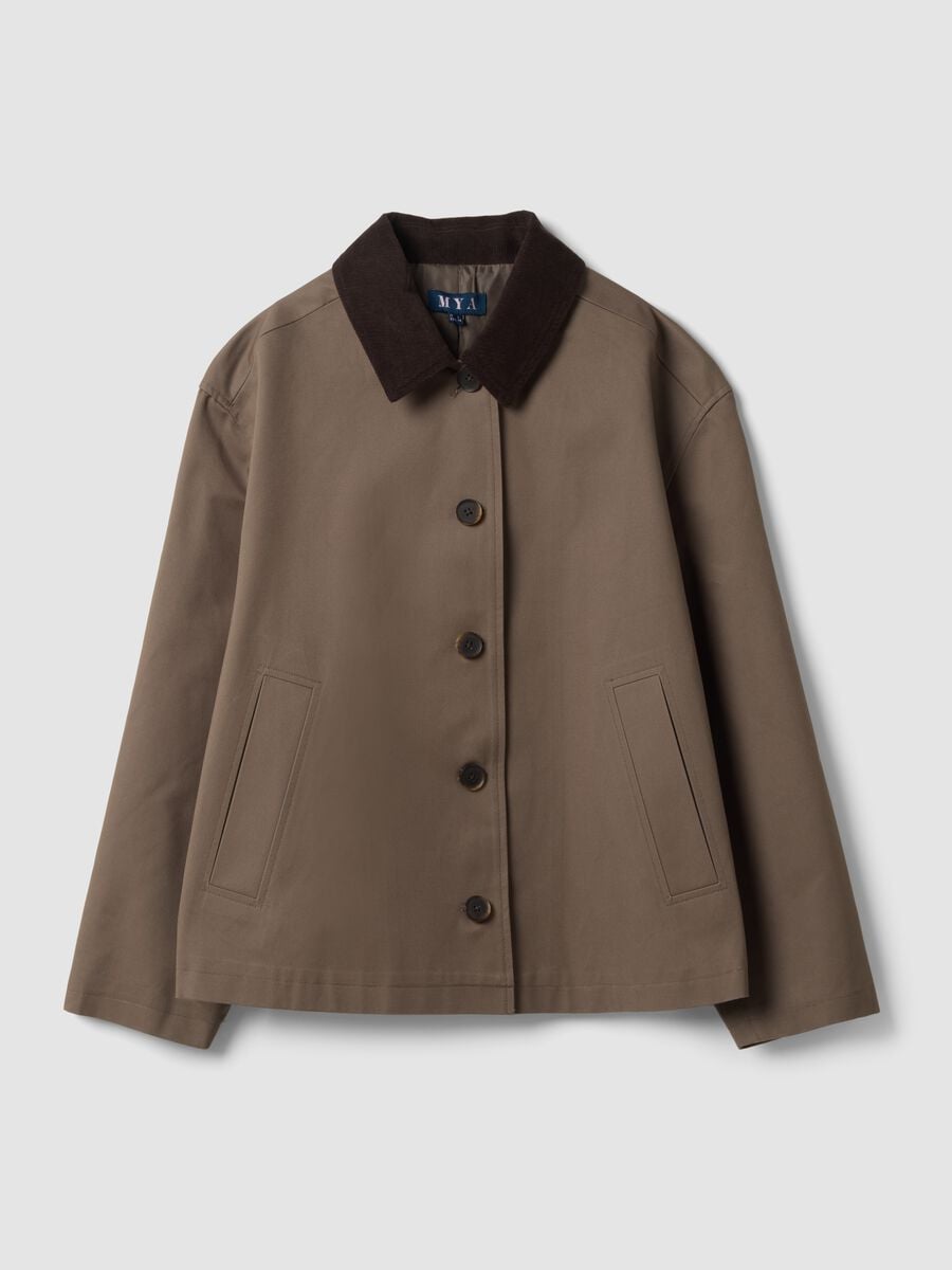 Giacca marrone in puro cotone con colletto a contrasto regular fit_0