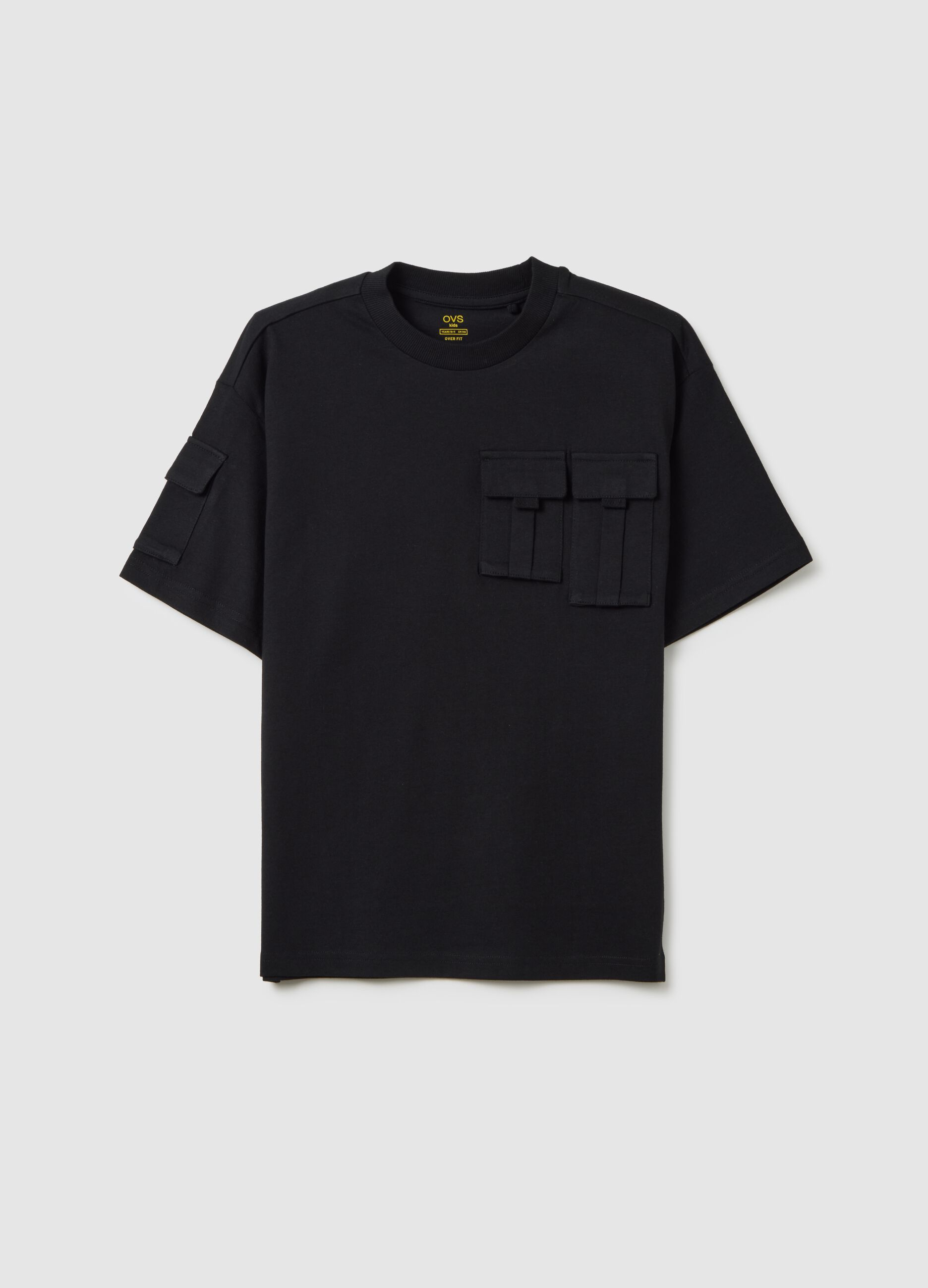T-shirt da ragazzo in puro cotone nero regular fit con tasche
