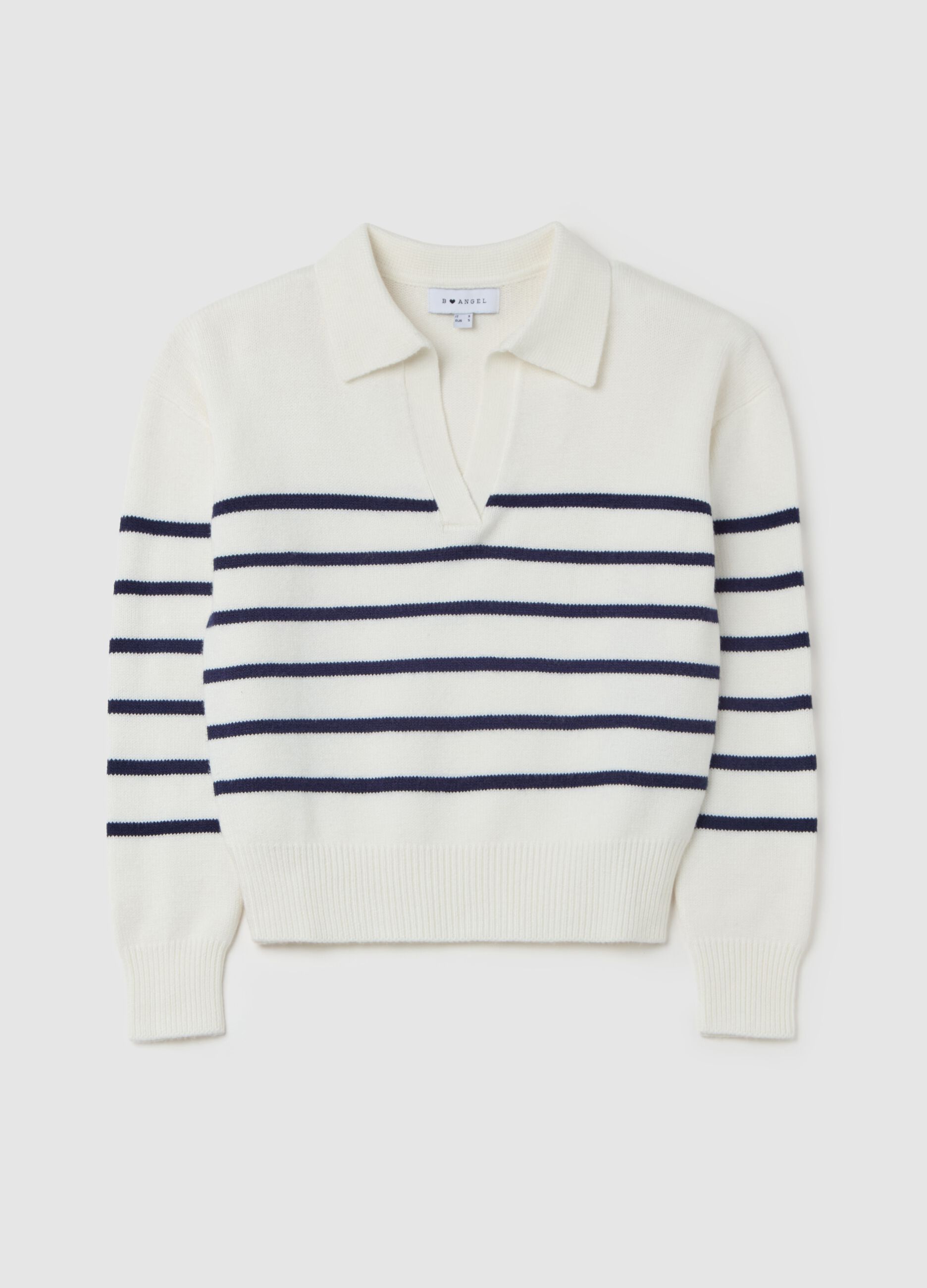 Top with blue and white stripes and polo neck