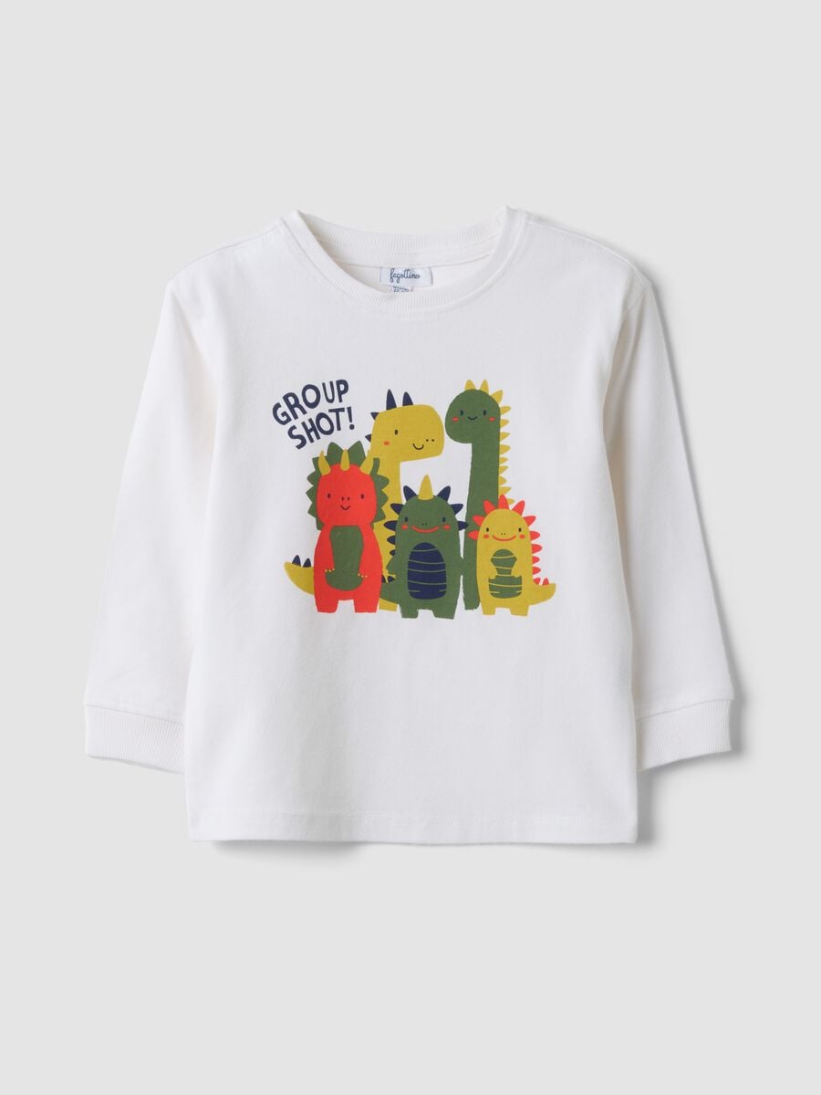 T-shirt bianca in cotone organico elasticizzato con dinosauri over fit_0