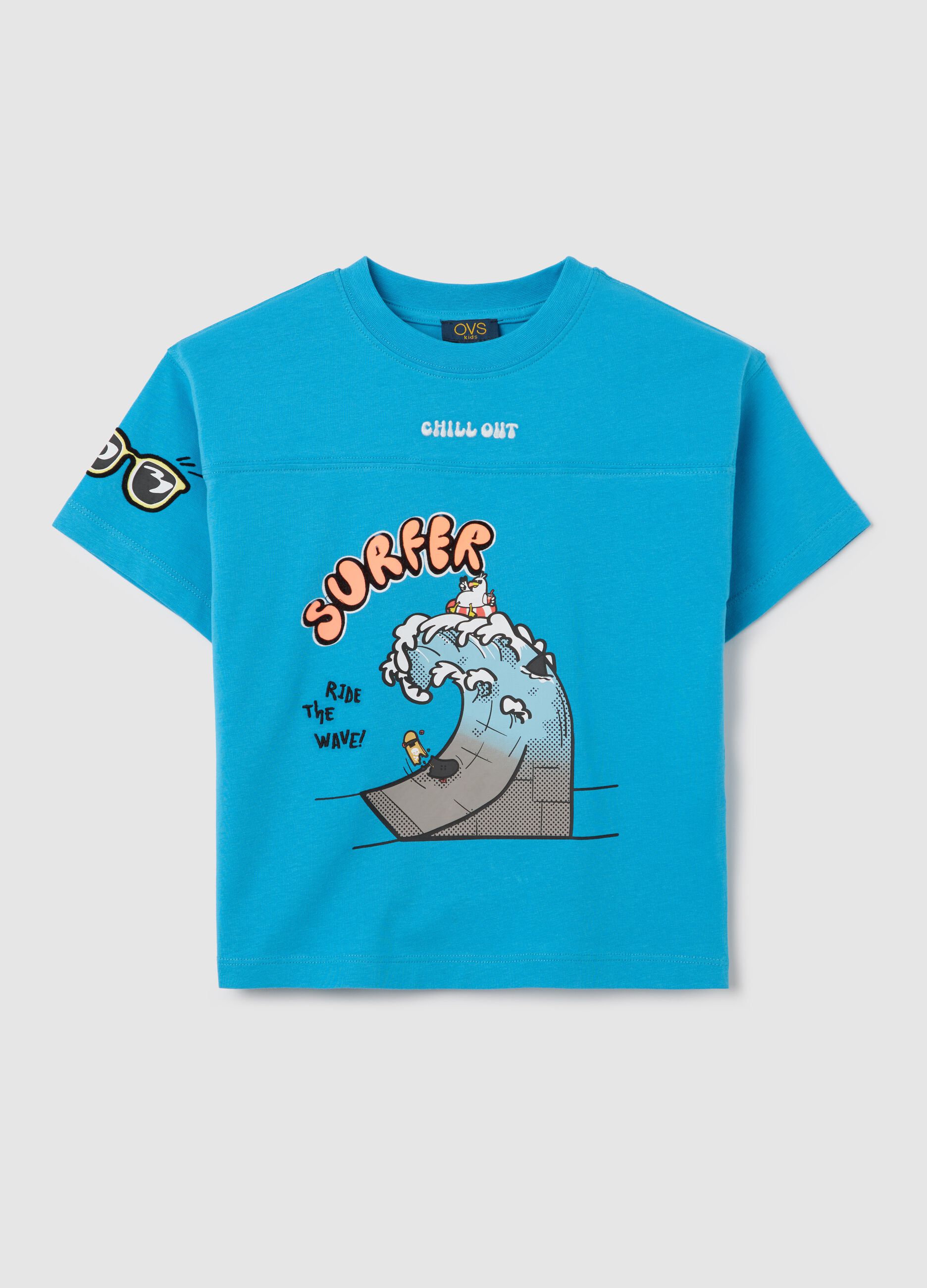 Light blue cotton T-shirt with "Surfer Ride the Wave" print