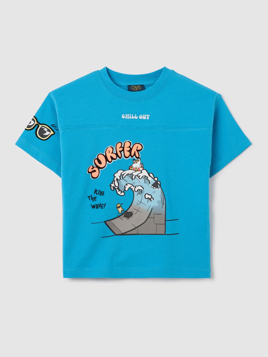 Light blue cotton T-shirt with "Surfer Ride the Wave" print_0