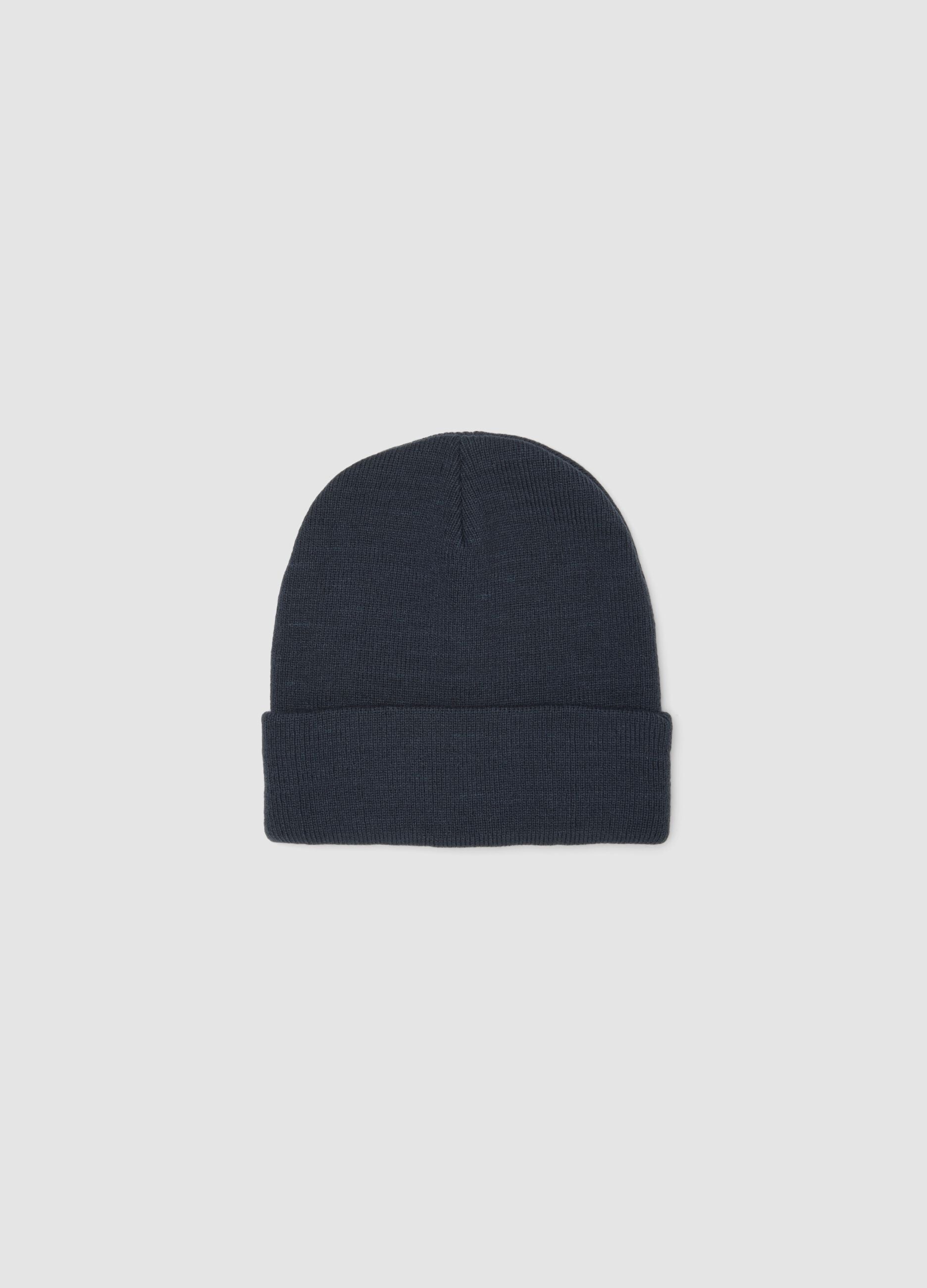 Blue jersey knit beanie with turn-up