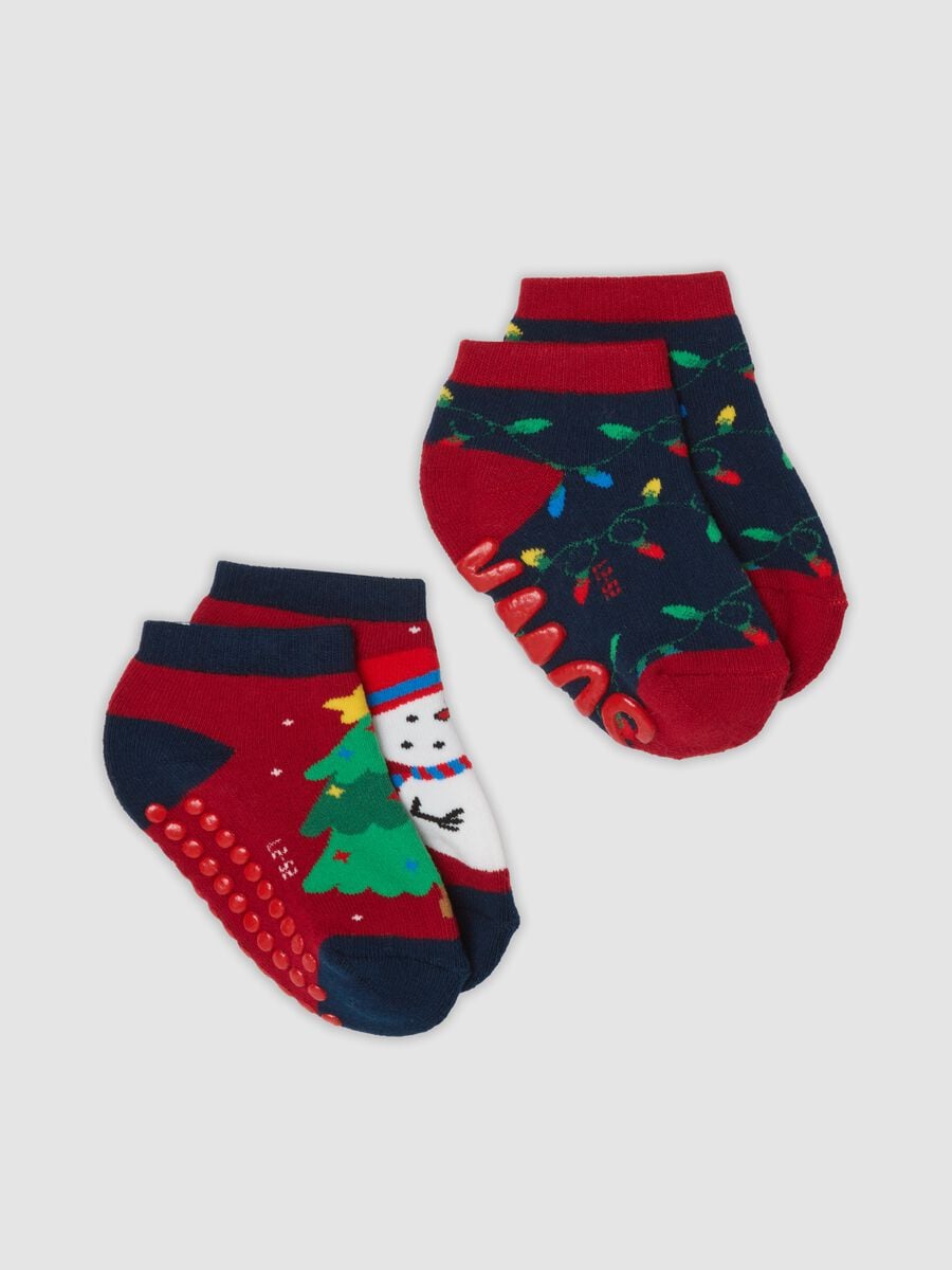 2-pack red and blue non-slip socks in stretch organic cotton_0