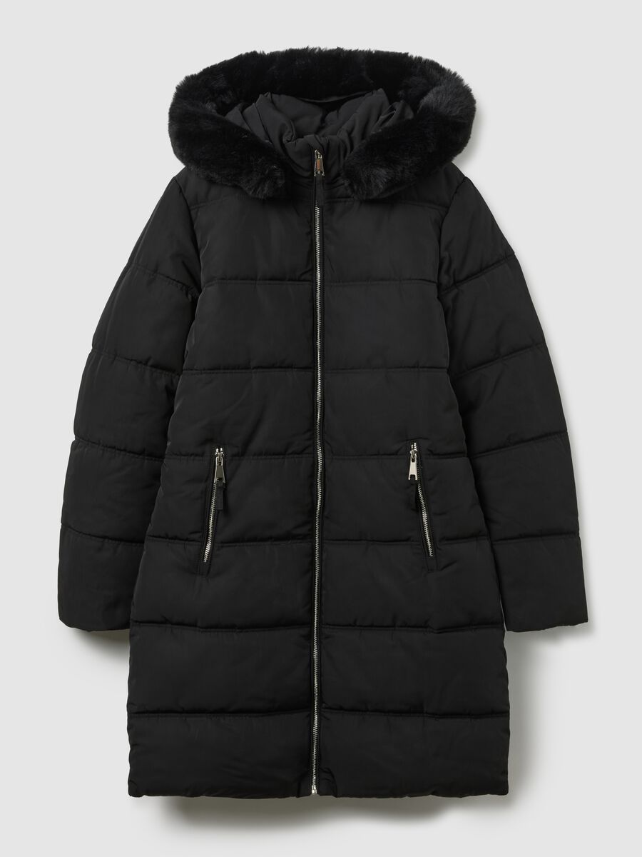 Black long padded jacket regular fit with hood and zip_4